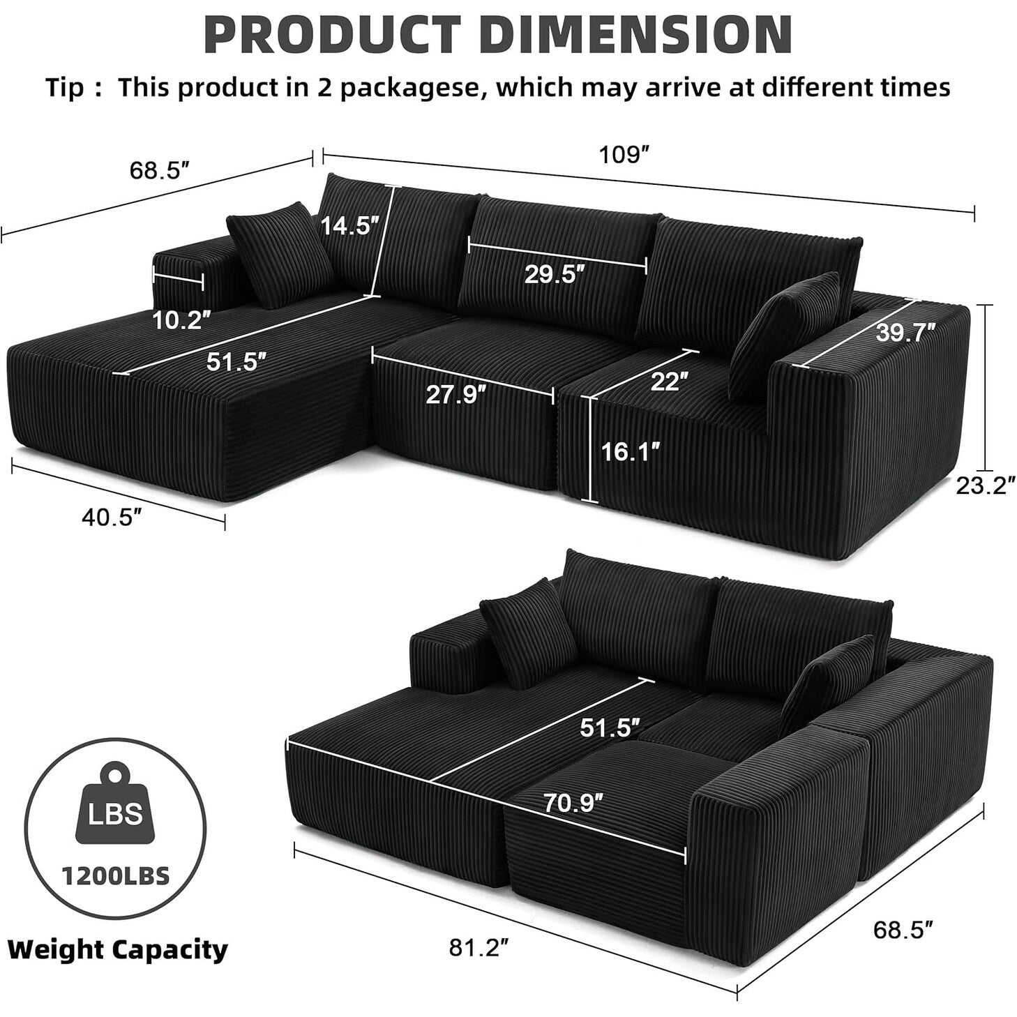 Canapé d'angle modulaire Cloud 108 - Canapé profond en forme de L avec méridienne, canapé de salon et de chambre à coucher recouvert de tissu.