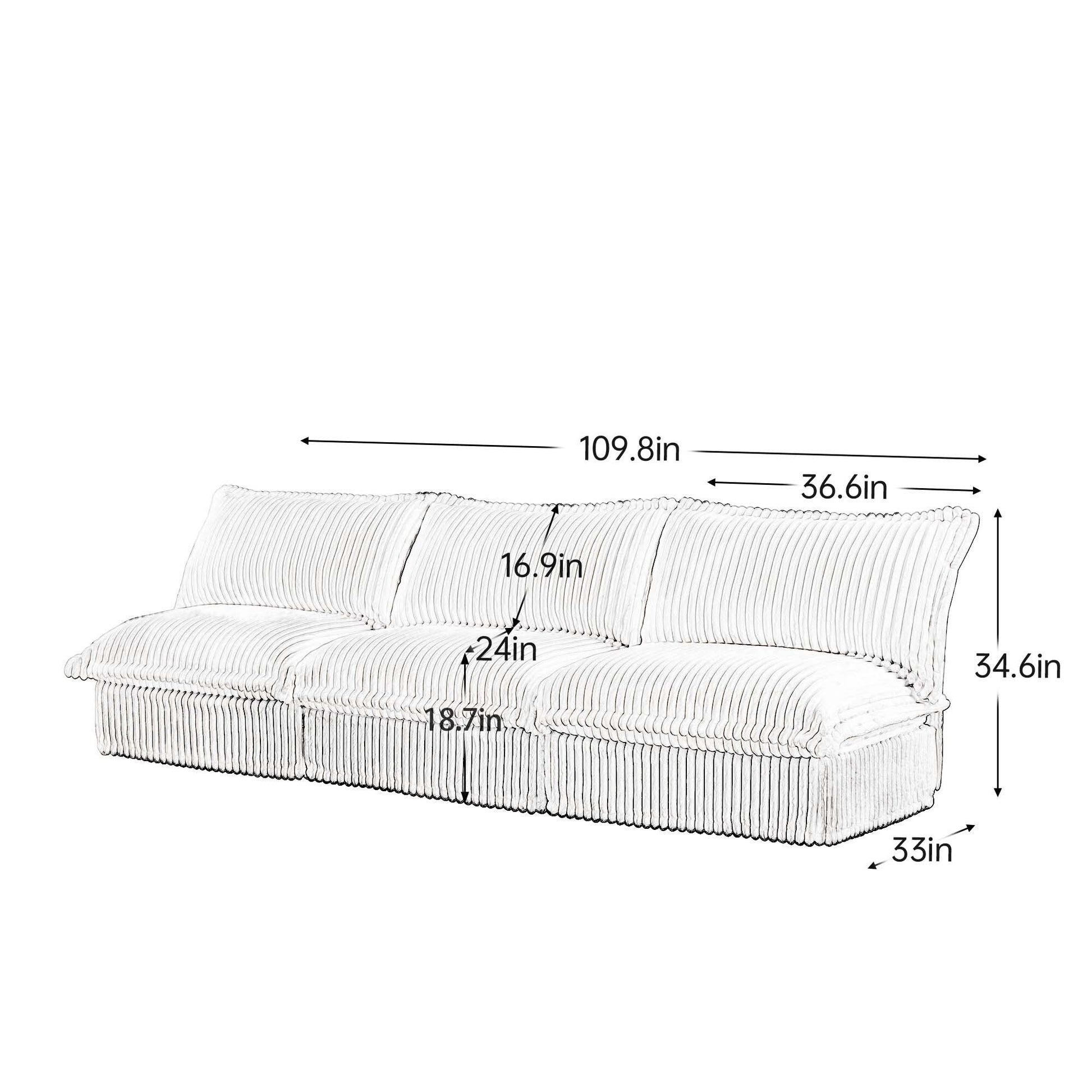 109.8 Corduroy Armless 3-Seater Sofa for living room and bedroom