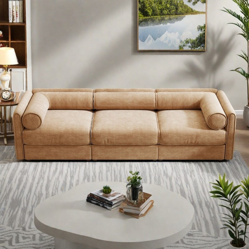 Canapé 3 places en chenille 109 avec rangement, dossier cylindrique et design modulable