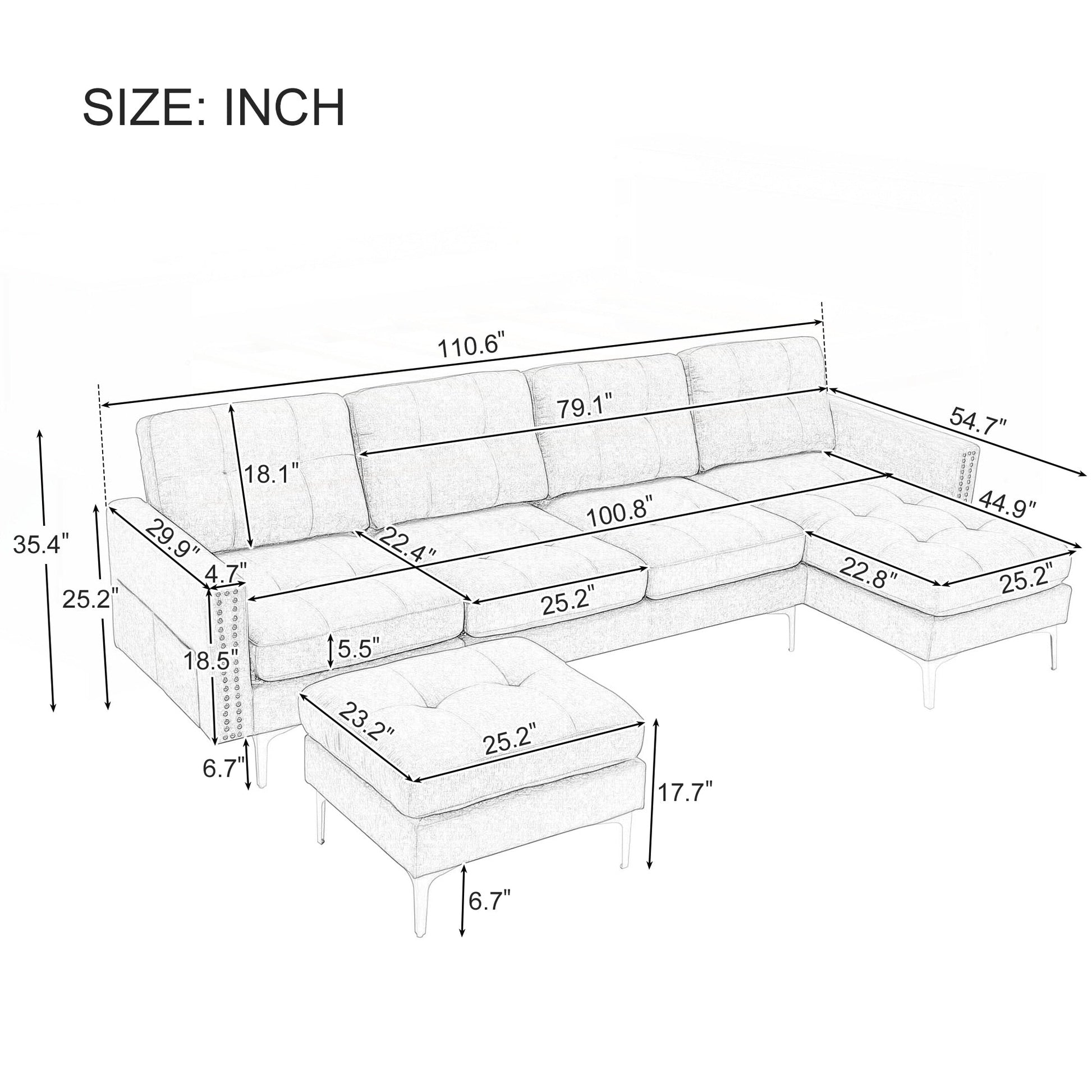 Canapé d'angle convertible en forme de L de 110 pouces