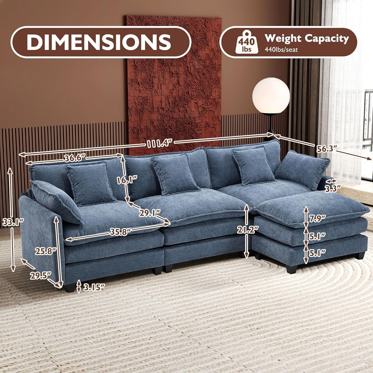 Canapé d'angle en forme de L 111.4 Cloud avec pouf - Canapé en chenille 4 places pour salon