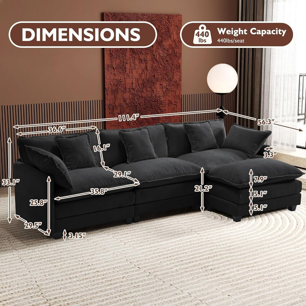 Canapé d'angle en forme de L 111.4 Cloud avec pouf - Canapé en chenille 4 places pour salon