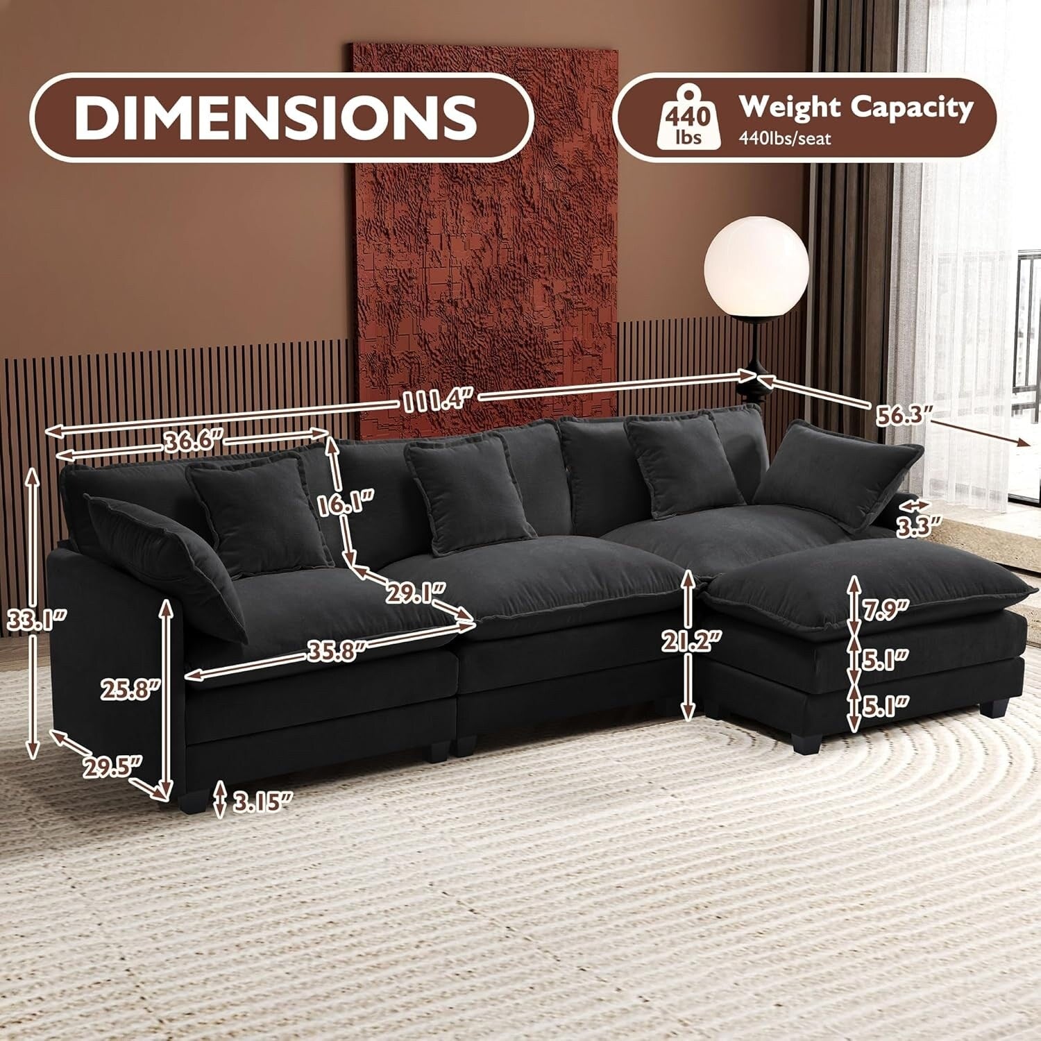 Canapé d'angle en forme de L 111.4 Cloud avec pouf - Canapé en chenille 4 places pour salon