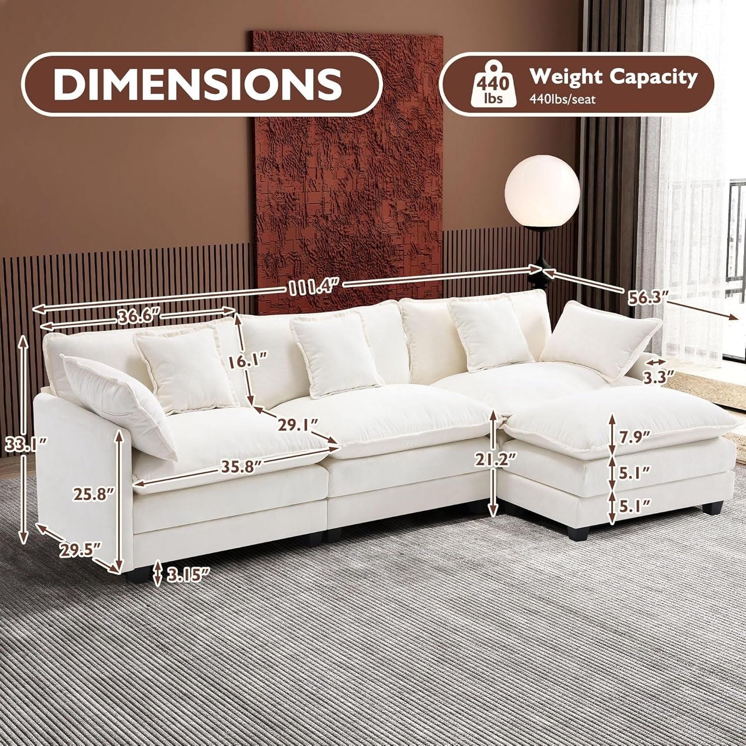 Canapé d'angle en forme de L 111.4 Cloud avec pouf - Canapé en chenille 4 places pour salon