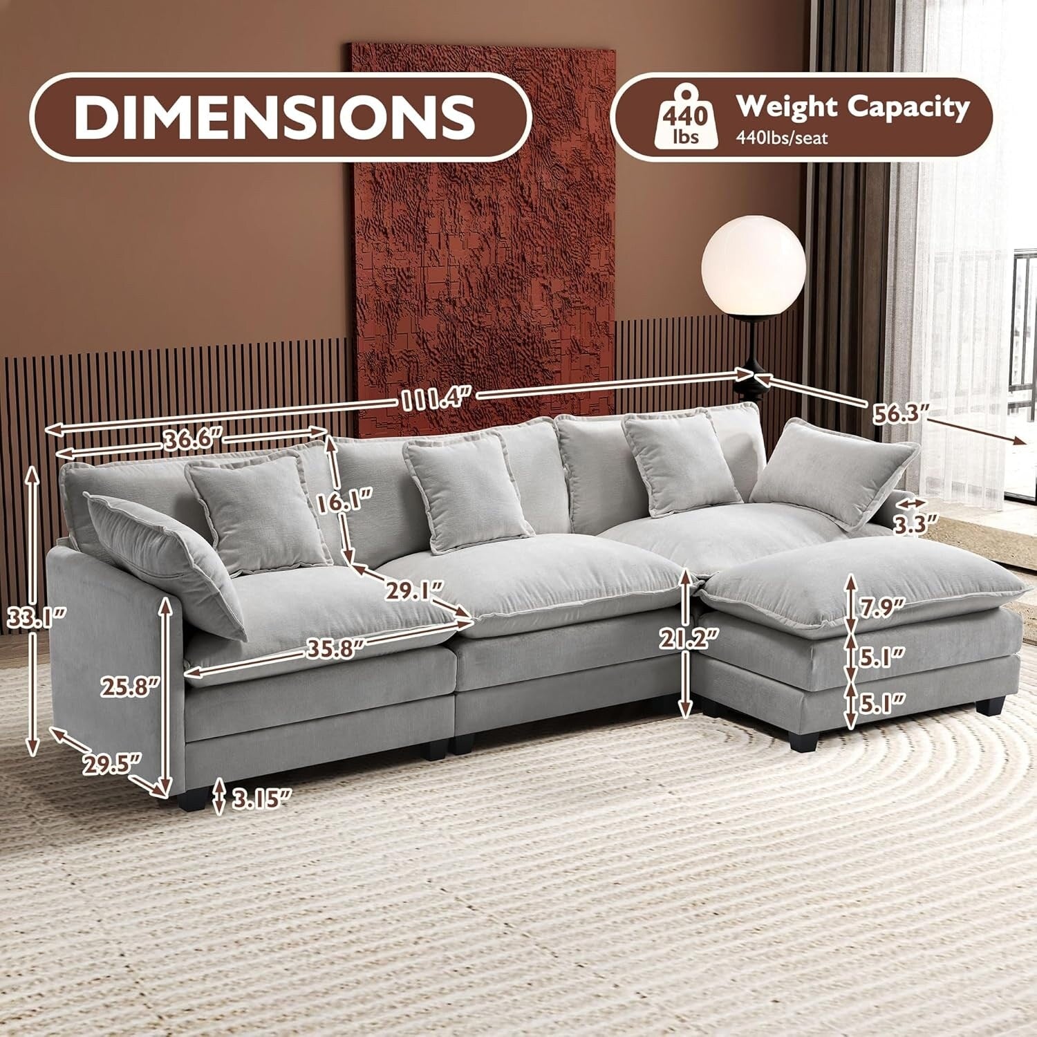 Canapé d'angle en forme de L 111.4 Cloud avec pouf - Canapé en chenille 4 places pour salon