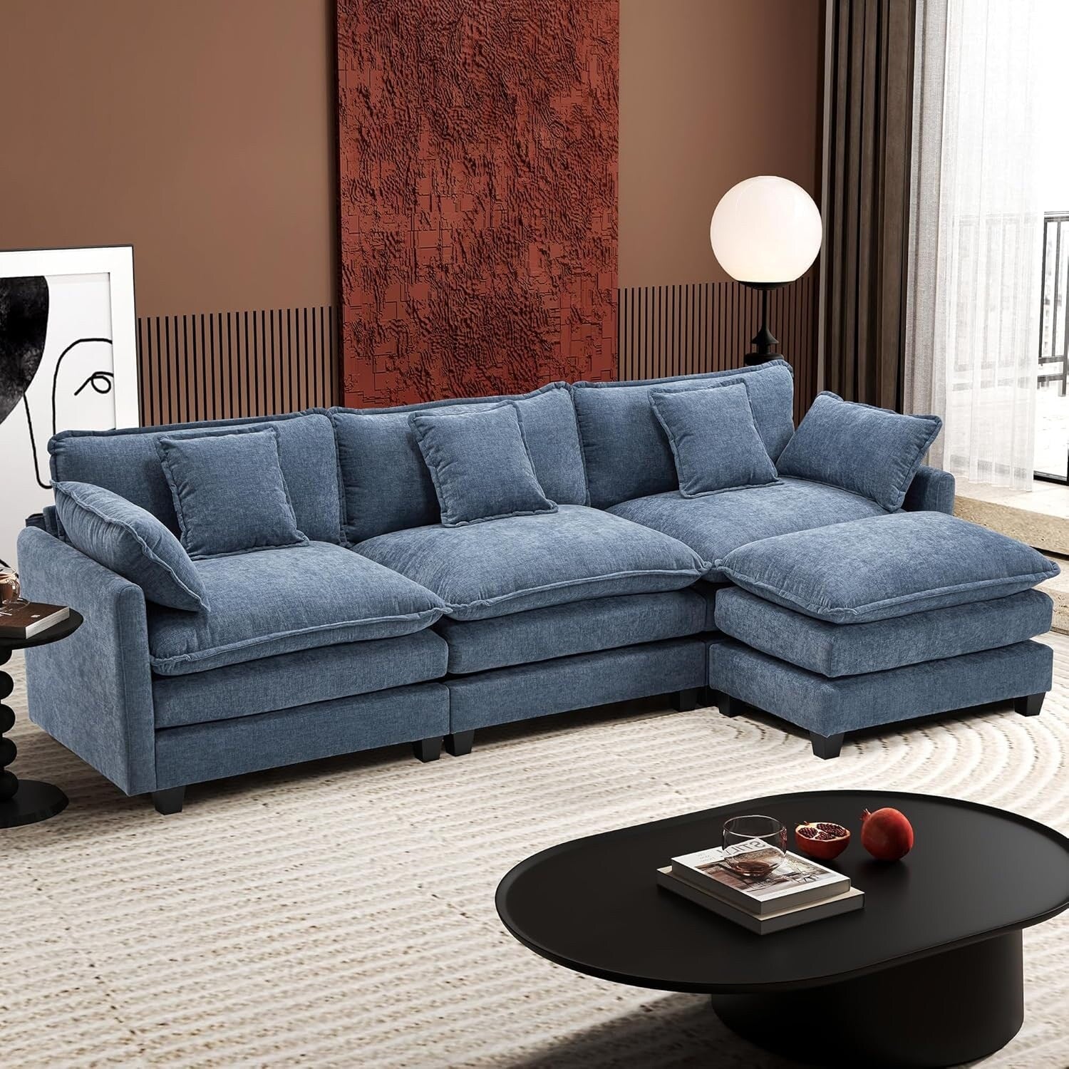 Canapé d'angle en forme de L 111.4 Cloud avec pouf - Canapé en chenille 4 places pour salon