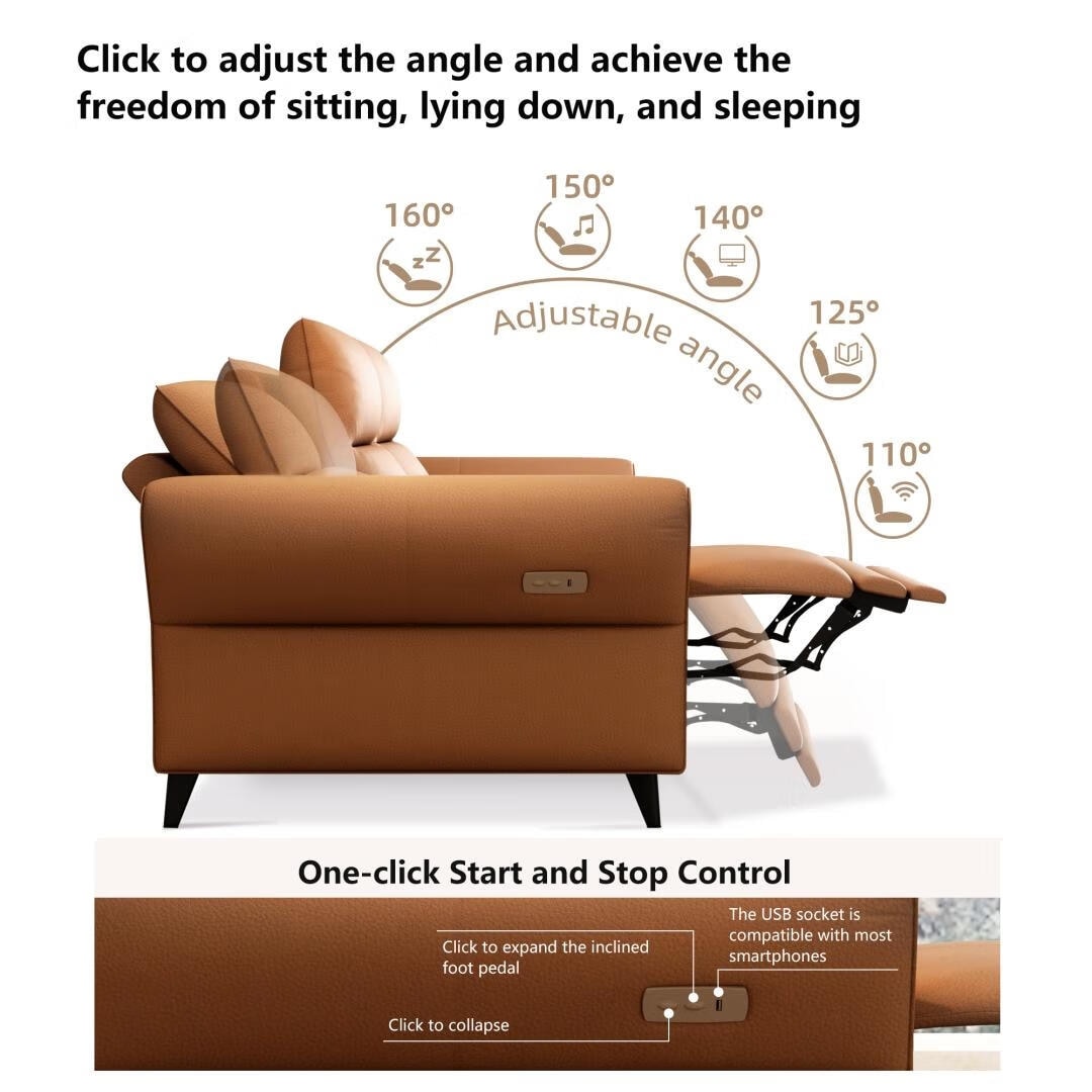 Canapé inclinable électrique en simili cuir de 285 cm avec port de charge USB