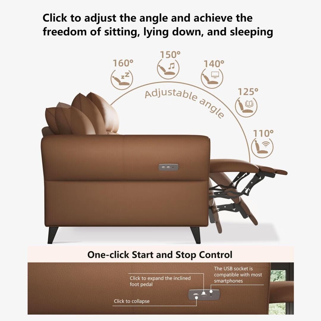 Canapé inclinable électrique en simili cuir de 285 cm avec port de charge USB