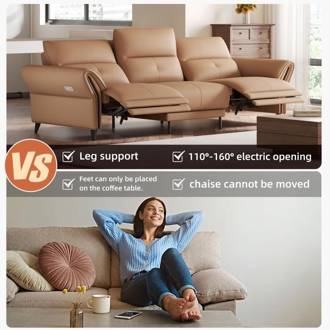 Canapé inclinable électrique en simili cuir de 285 cm avec port de charge USB