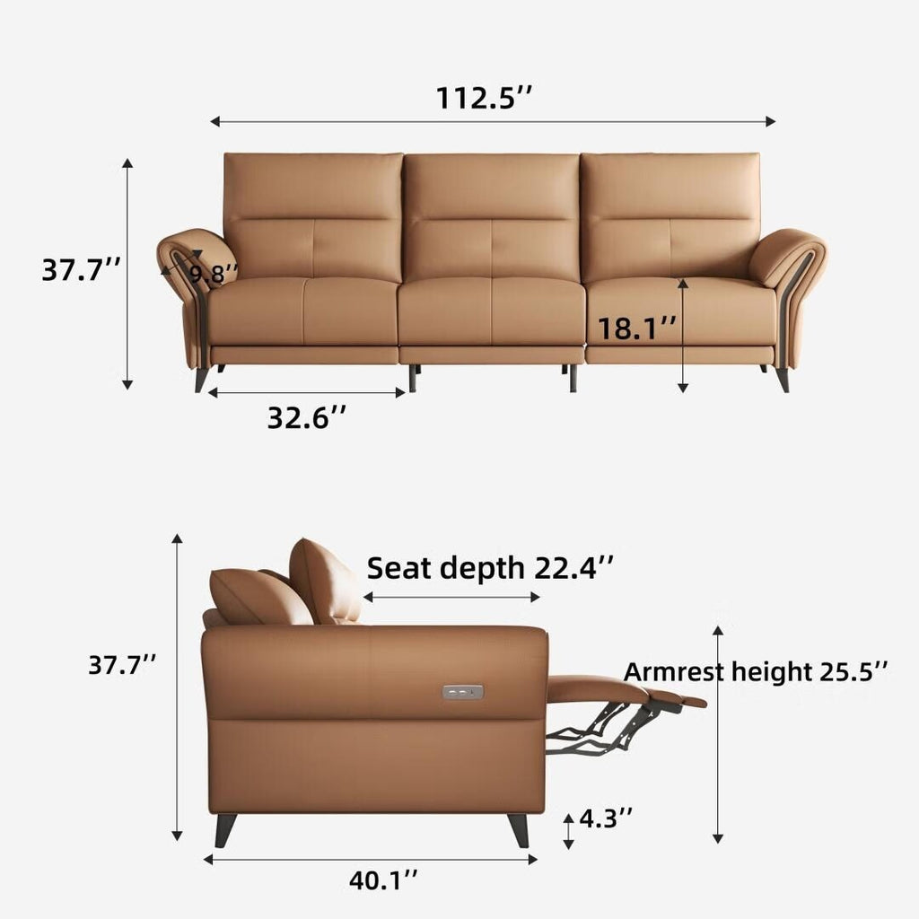 Canapé inclinable électrique en simili cuir de 285 cm avec port de charge USB