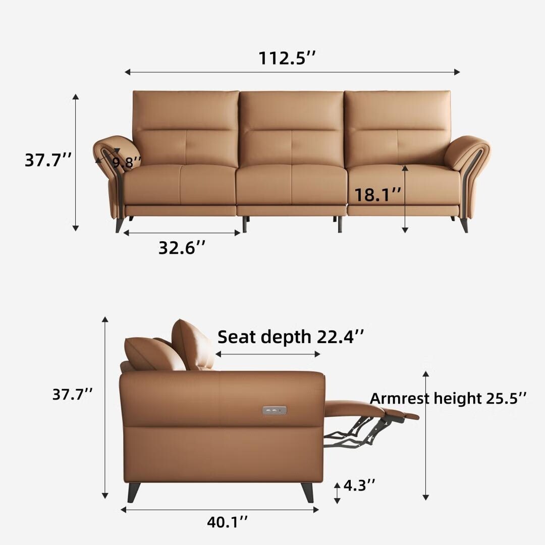 Canapé inclinable électrique en simili cuir de 285 cm avec port de charge USB