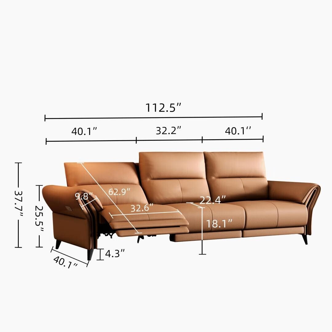 Canapé inclinable électrique en simili cuir de 285 cm avec port de charge USB