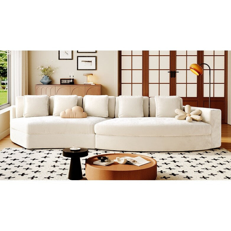 Canapé modulaire 115.7 en mousse pure, ensemble 2 pièces avec 5 coussins, 4 places, tissu jacquard chenille, design incurvé