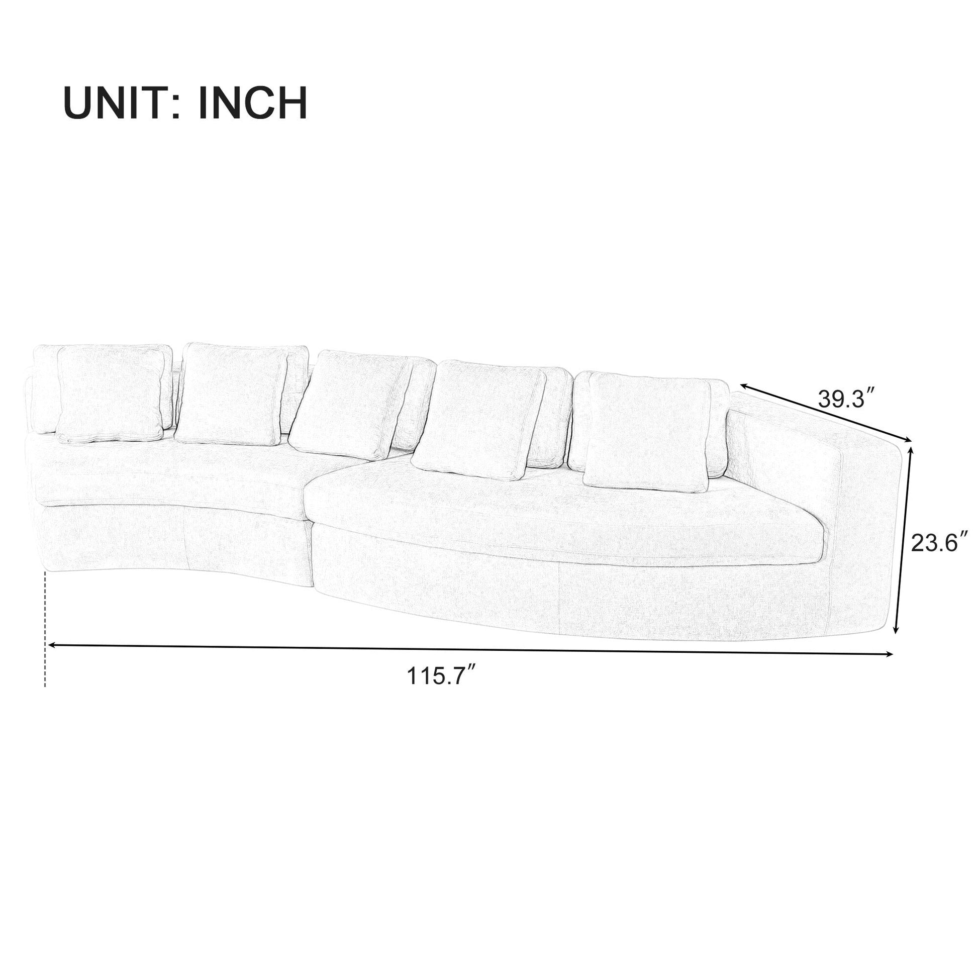 Canapé modulaire 115.7 en mousse pure, ensemble 2 pièces avec 5 coussins, 4 places, tissu jacquard chenille, design incurvé