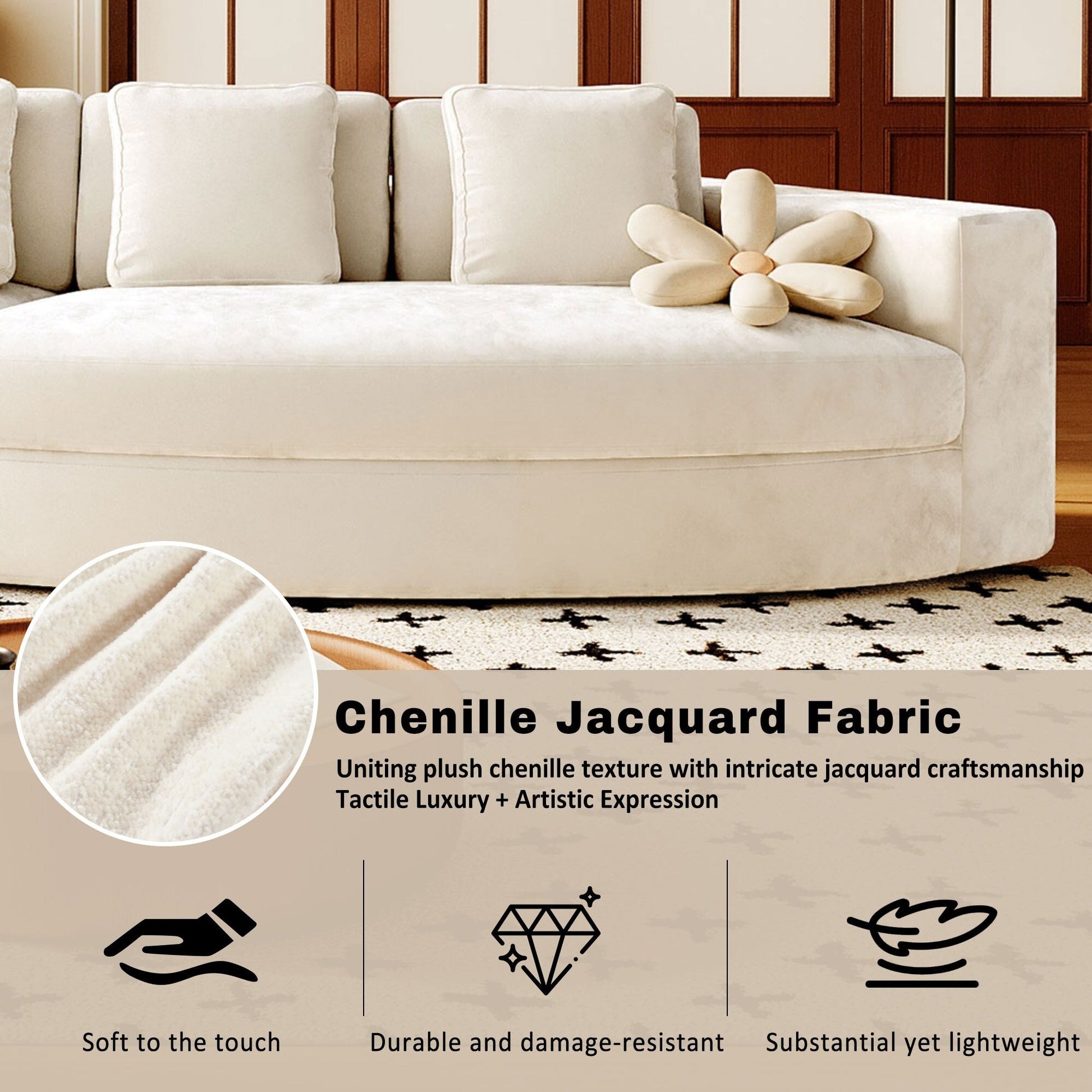 Canapé modulaire 115.7 en mousse pure, ensemble 2 pièces avec 5 coussins, 4 places, tissu jacquard chenille, design incurvé