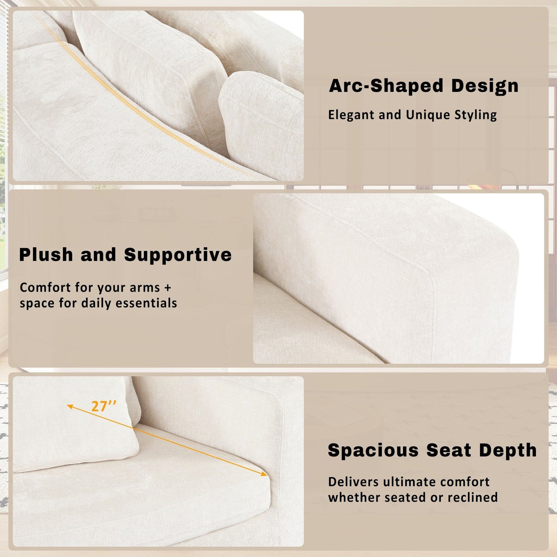 Canapé modulaire 115.7 en mousse pure, ensemble 2 pièces avec 5 coussins, 4 places, tissu jacquard chenille, design incurvé