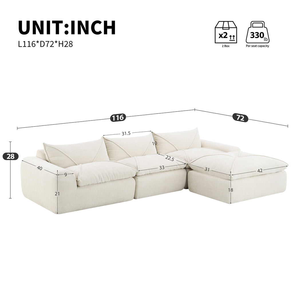 Canapé entièrement compressé de 116 pouces avec mousse haute densité, aucun assemblage requis, design sans pieds ni cadre.