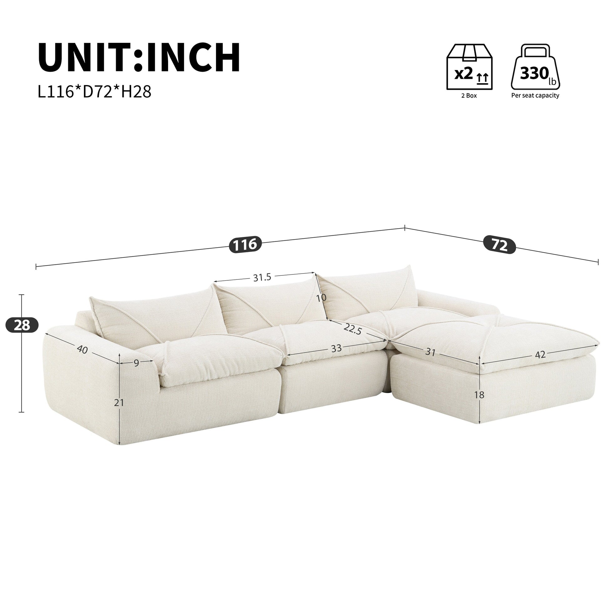 Canapé entièrement compressé de 116 pouces avec mousse haute densité, aucun assemblage requis, design sans pieds ni cadre.