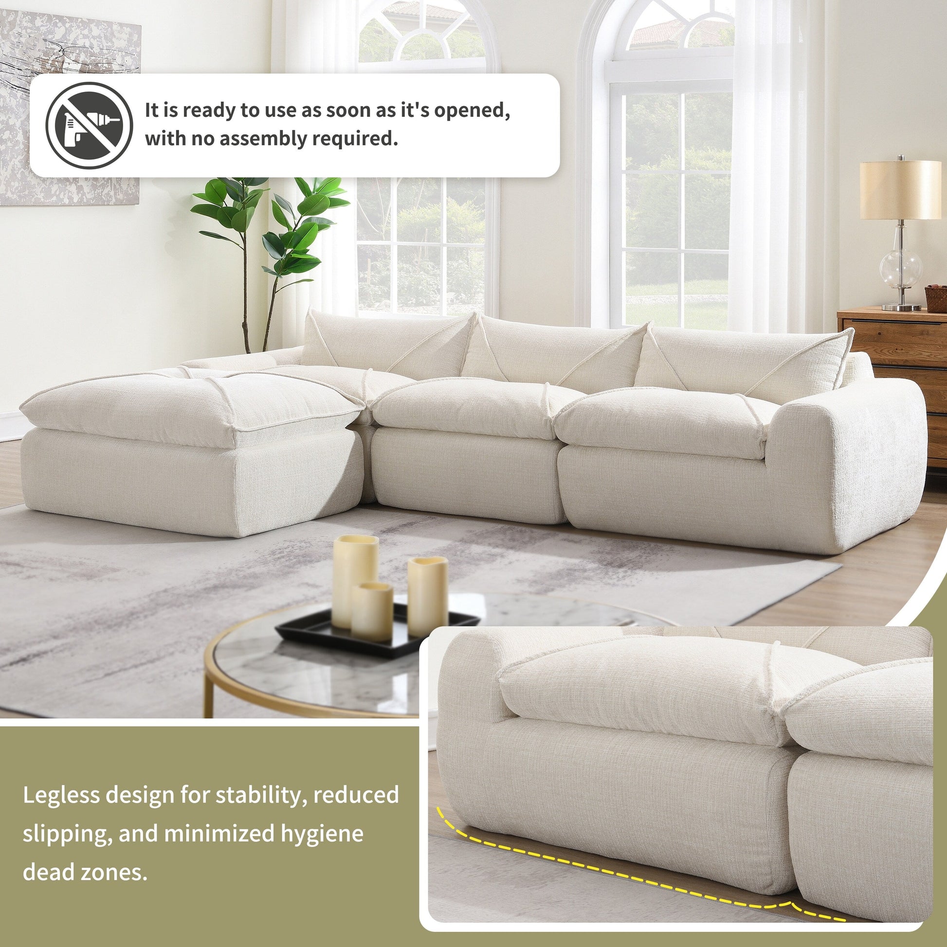 Canapé entièrement compressé de 116 pouces avec mousse haute densité, aucun assemblage requis, design sans pieds ni cadre.
