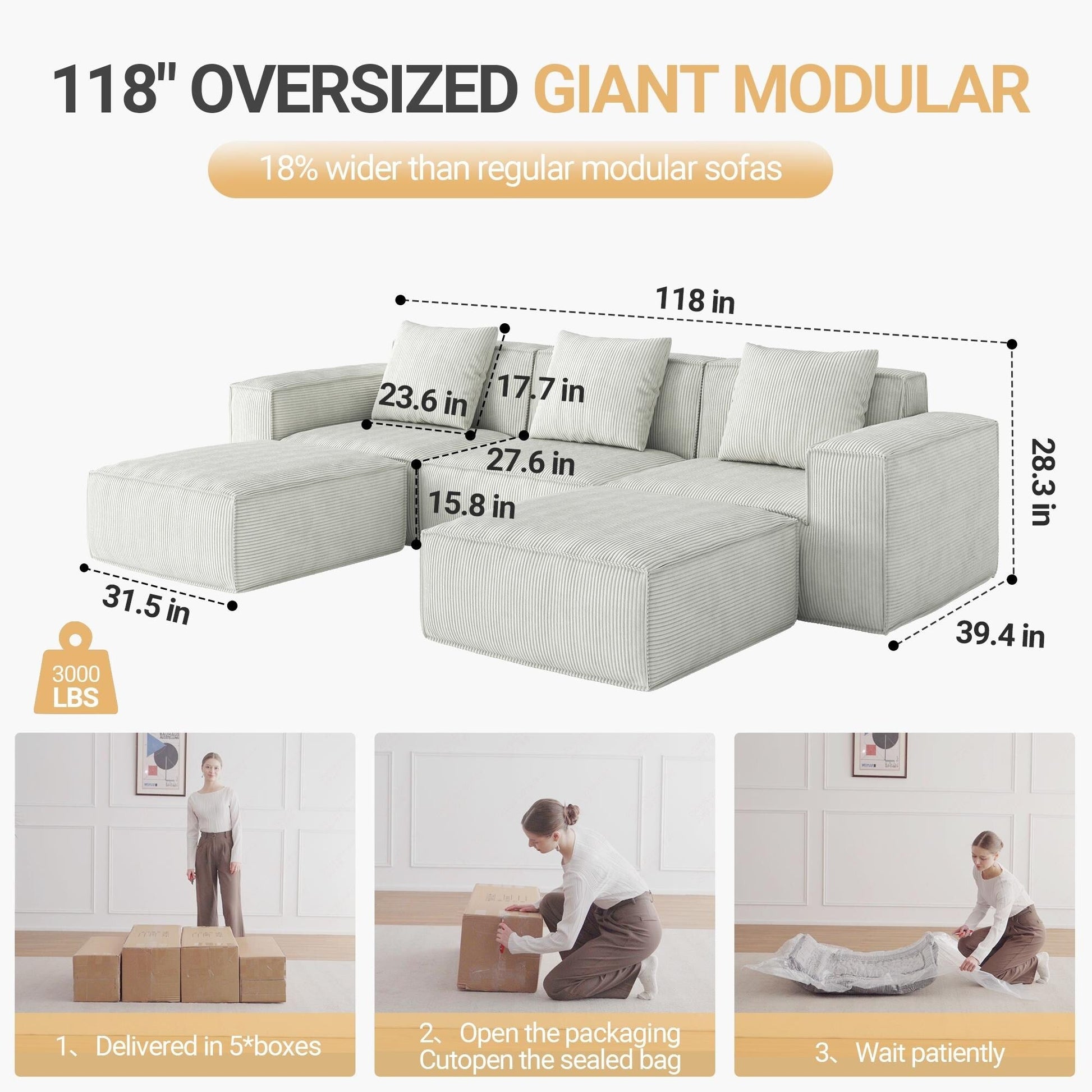 Canapé-lit modulable convertible de 3 places (118 pouces) avec repose-pieds, en velours blanc Cloud.