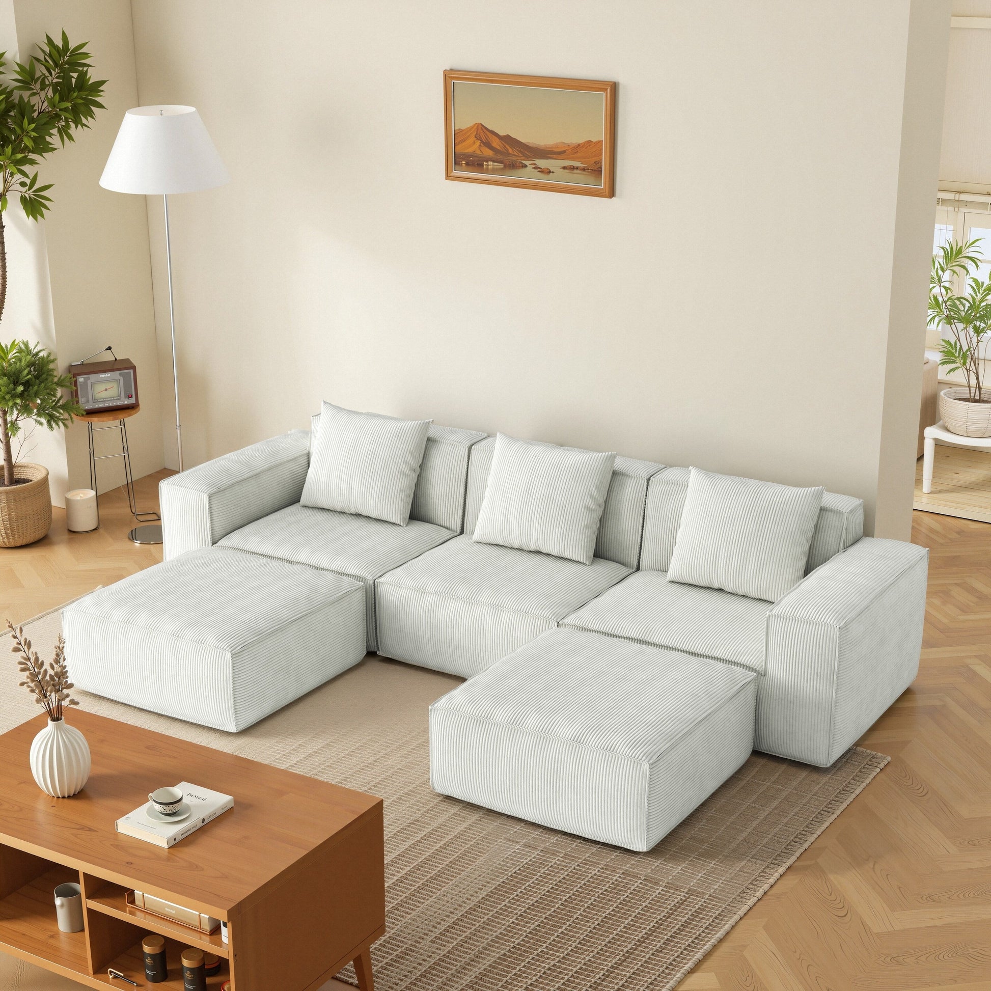 Canapé-lit modulable convertible de 3 places (118 pouces) avec repose-pieds, en velours blanc Cloud.