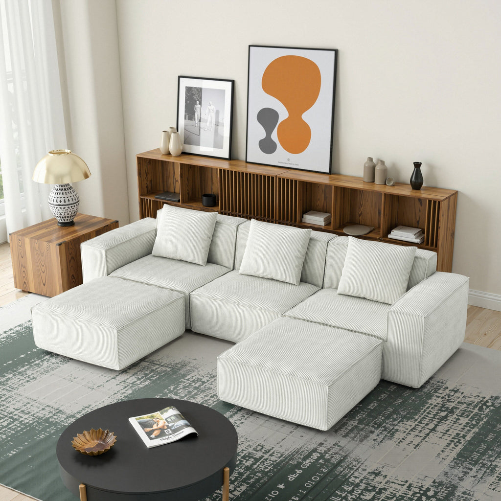 Canapé-lit modulable convertible de 3 places (118 pouces) avec repose-pieds, en velours blanc Cloud.