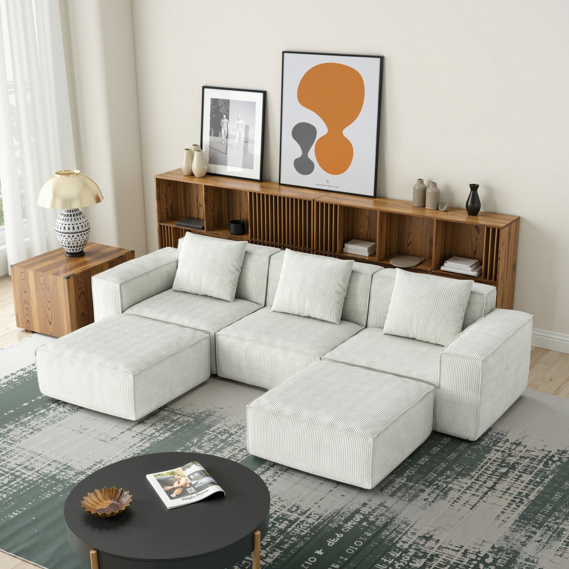 Canapé-lit modulable convertible de 3 places (118 pouces) avec repose-pieds, en velours blanc Cloud.