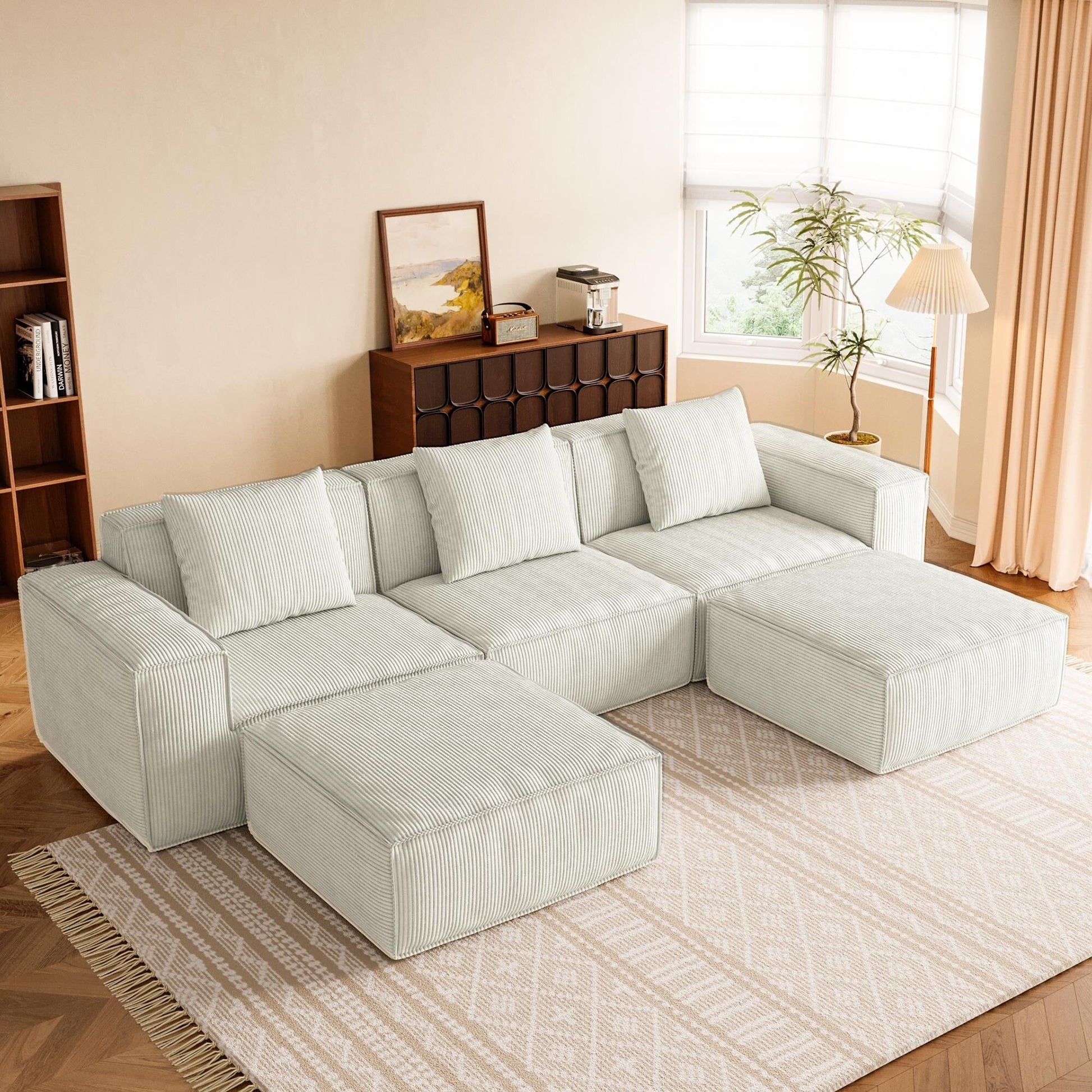 Canapé-lit modulable convertible de 3 places (118 pouces) avec repose-pieds, en velours blanc Cloud.
