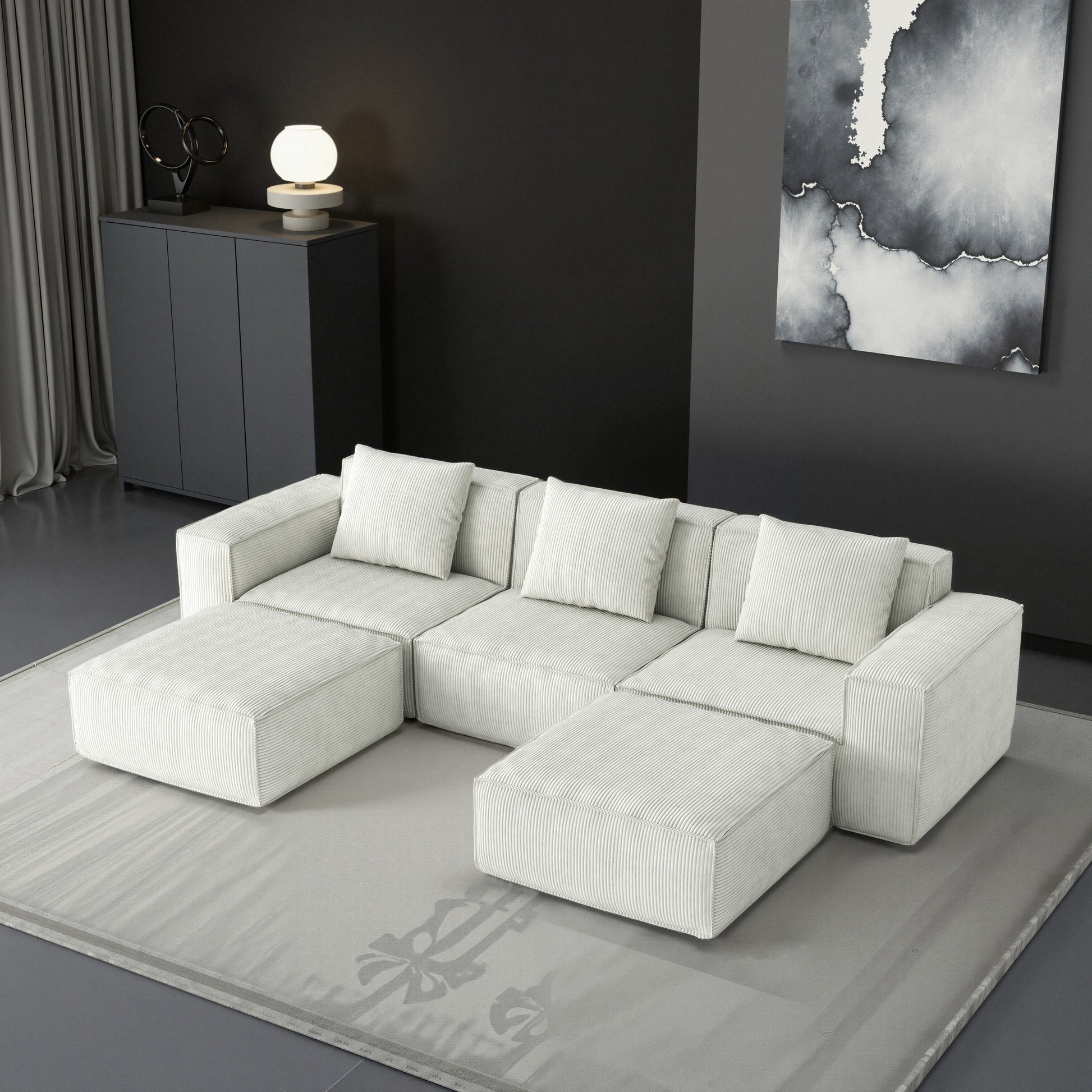 Canapé-lit modulable convertible de 3 places (118 pouces) avec repose-pieds, en velours blanc Cloud.
