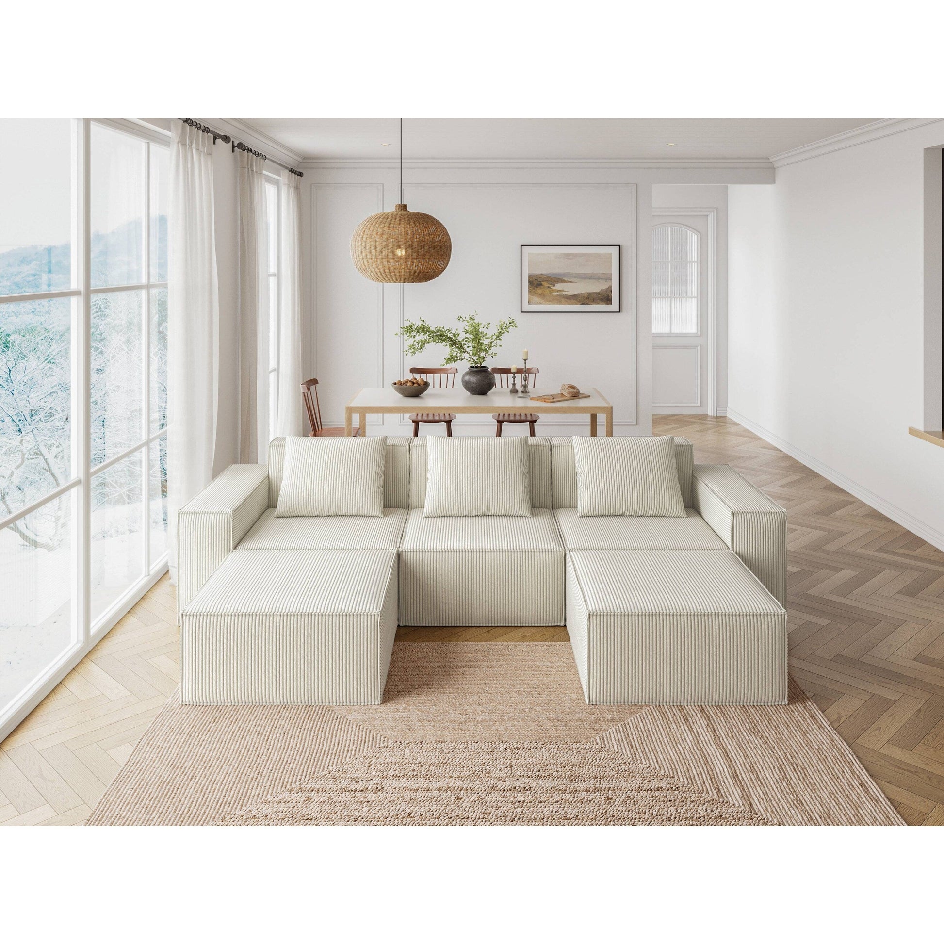 Canapé-lit modulable convertible de 3 places (118 pouces) avec repose-pieds, en velours blanc Cloud.