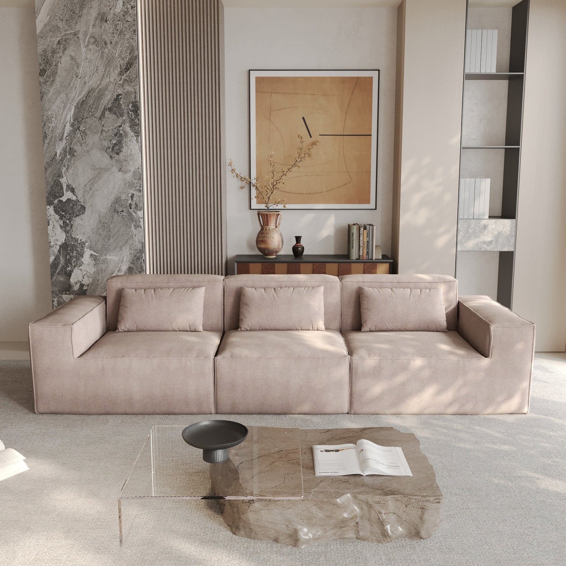 Canapé d'angle modulaire 118 avec housse amovible en tissu et 3 coussins, canapé confortable en tissu cordouroy à 3 places.