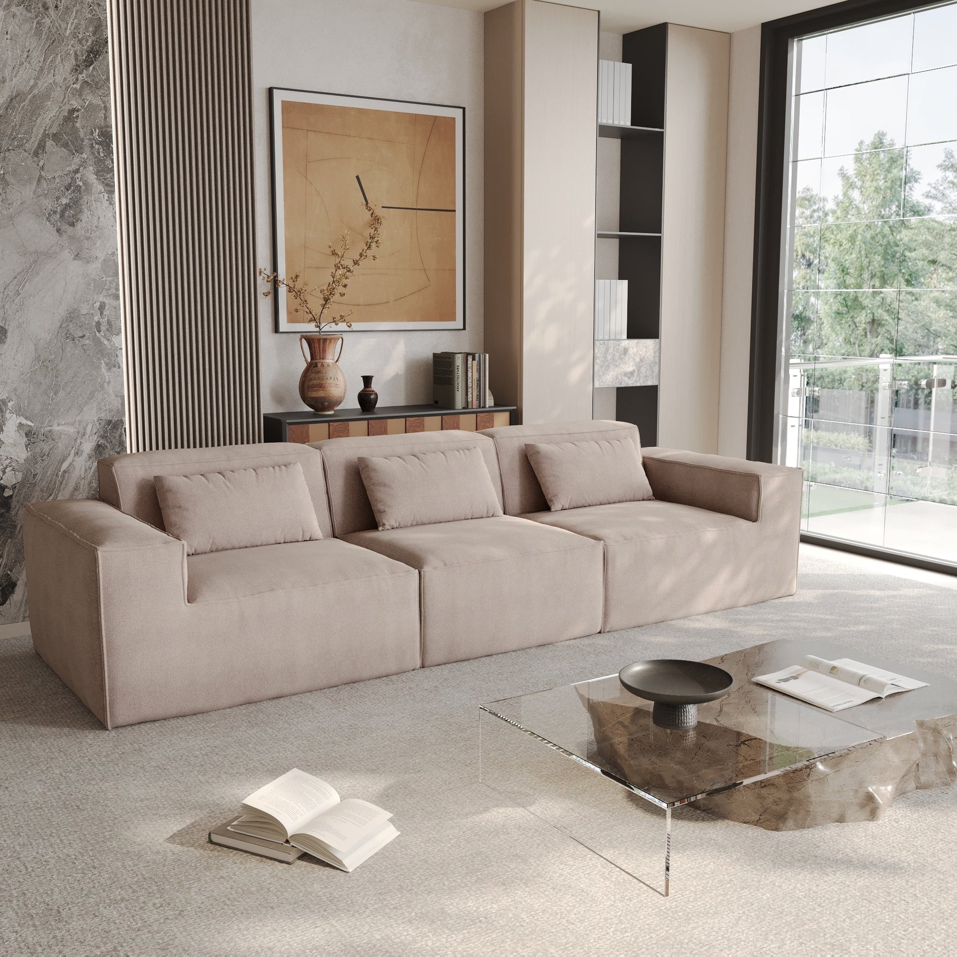 Canapé d'angle modulaire 118 avec housse amovible en tissu et 3 coussins, canapé confortable en tissu cordouroy à 3 places.