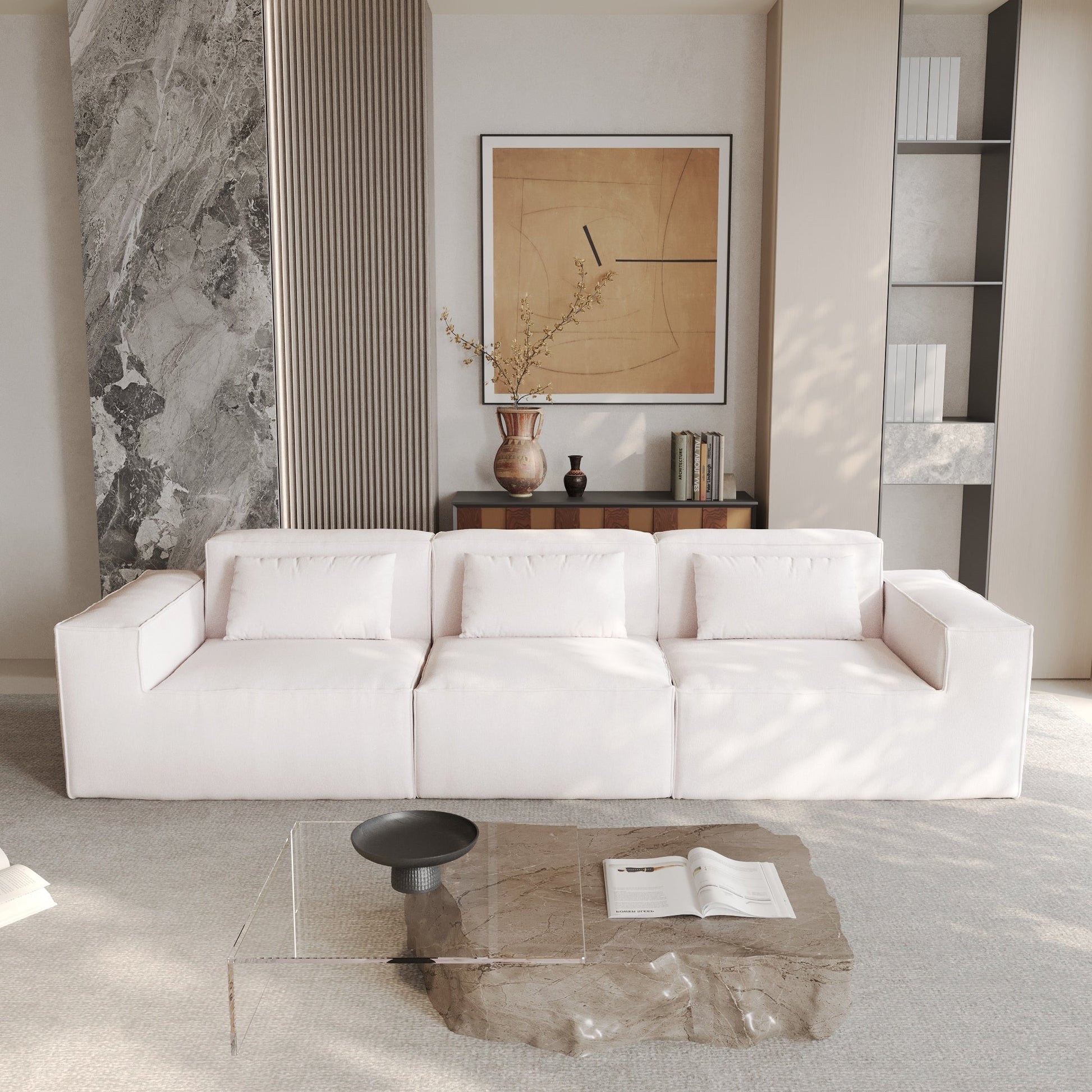 Canapé d'angle modulaire 118 avec housse amovible en tissu et 3 coussins, canapé confortable en tissu cordouroy à 3 places.