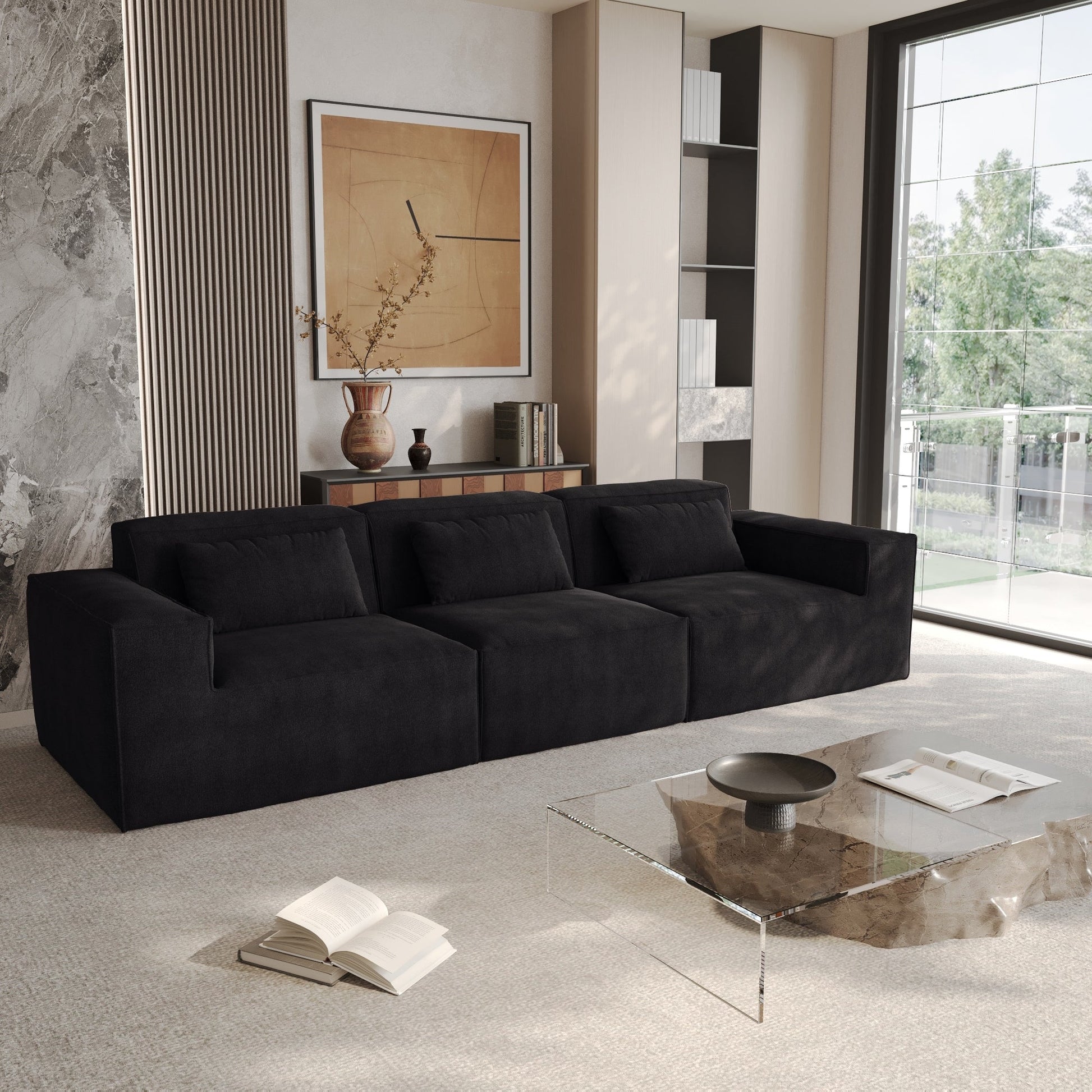 Canapé d'angle modulaire 118 avec housse amovible en tissu et 3 coussins, canapé confortable en tissu cordouroy à 3 places.