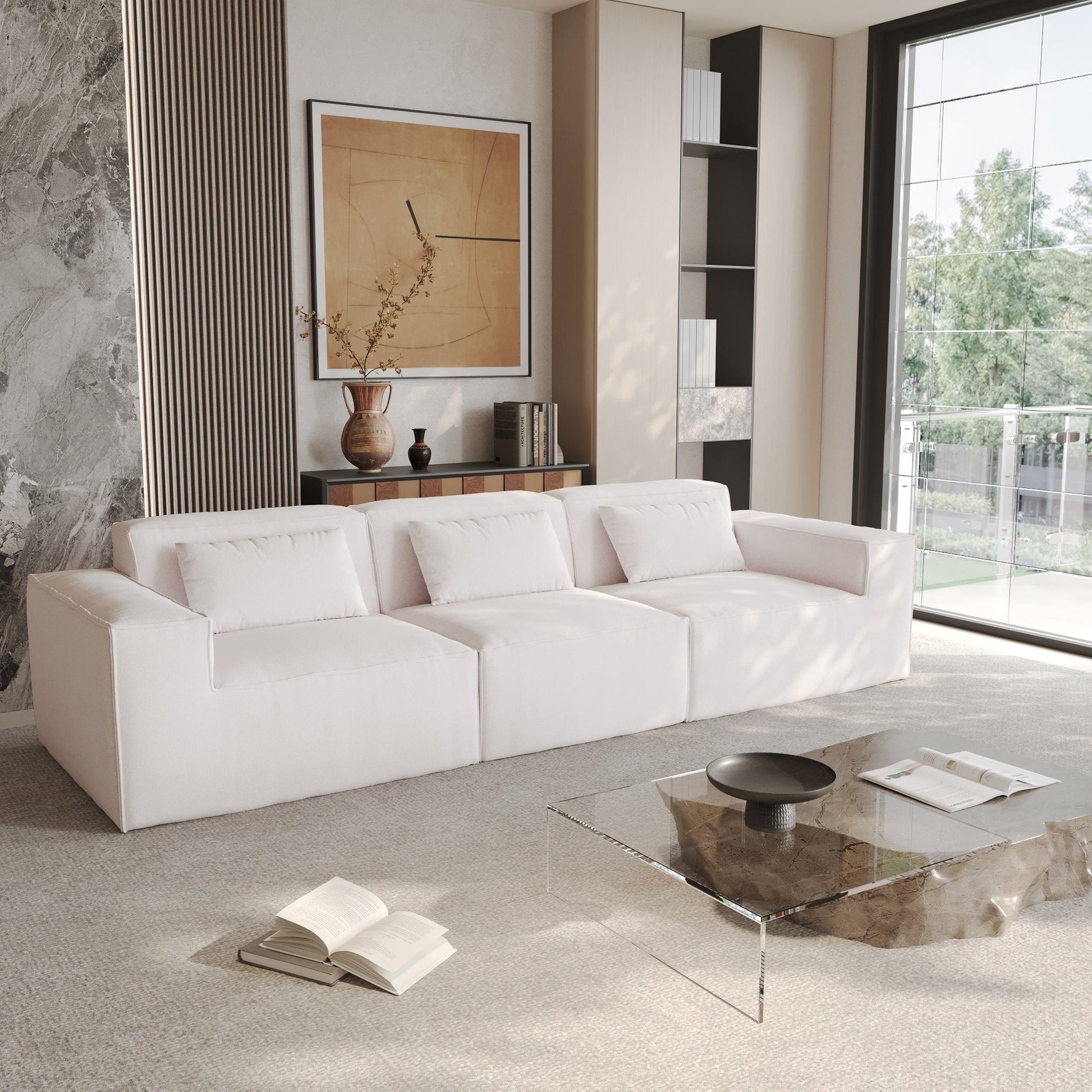 Canapé d'angle modulaire 118 avec housse amovible en tissu et 3 coussins, canapé confortable en tissu cordouroy à 3 places.