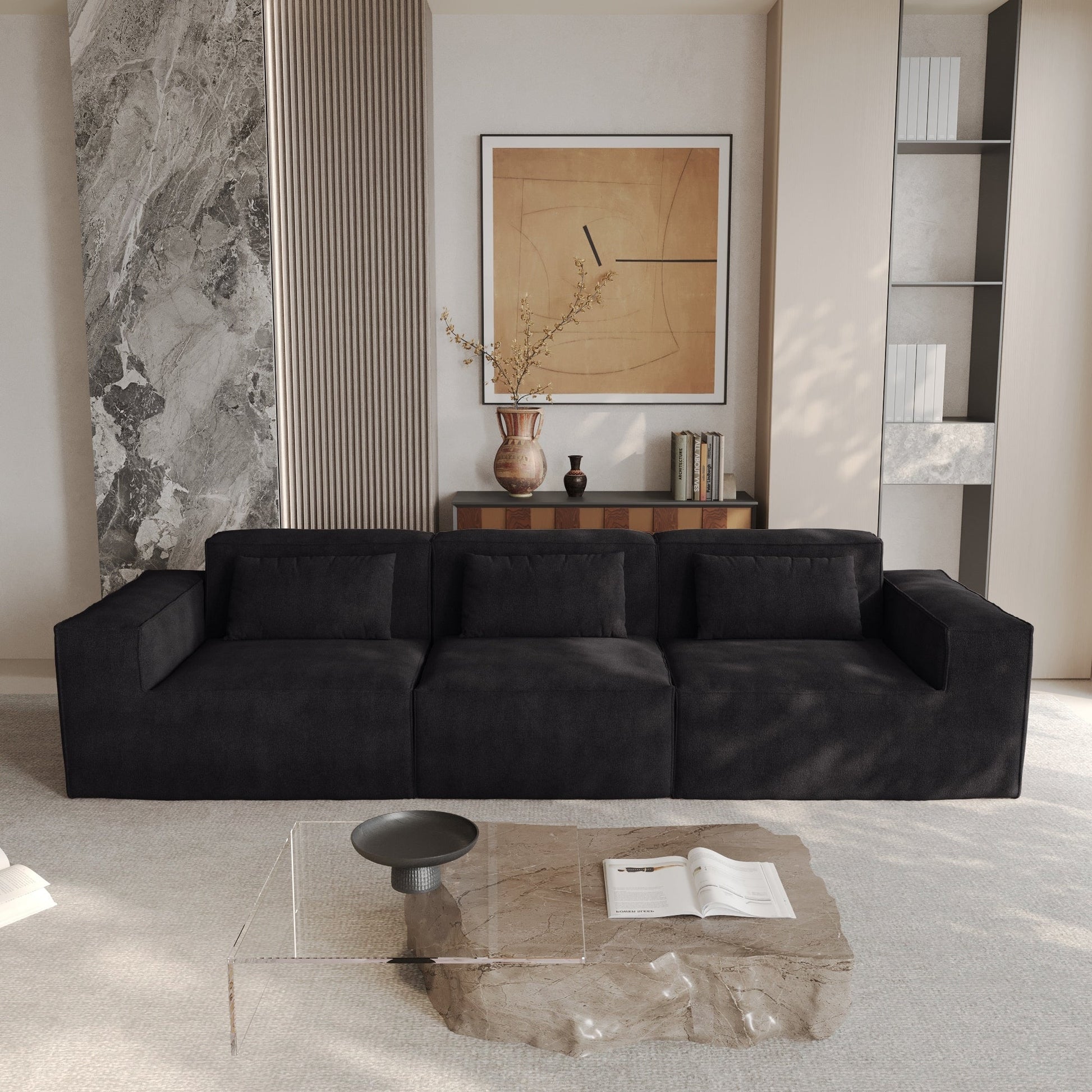 Canapé d'angle modulaire 118 avec housse amovible en tissu et 3 coussins, canapé confortable en tissu cordouroy à 3 places.