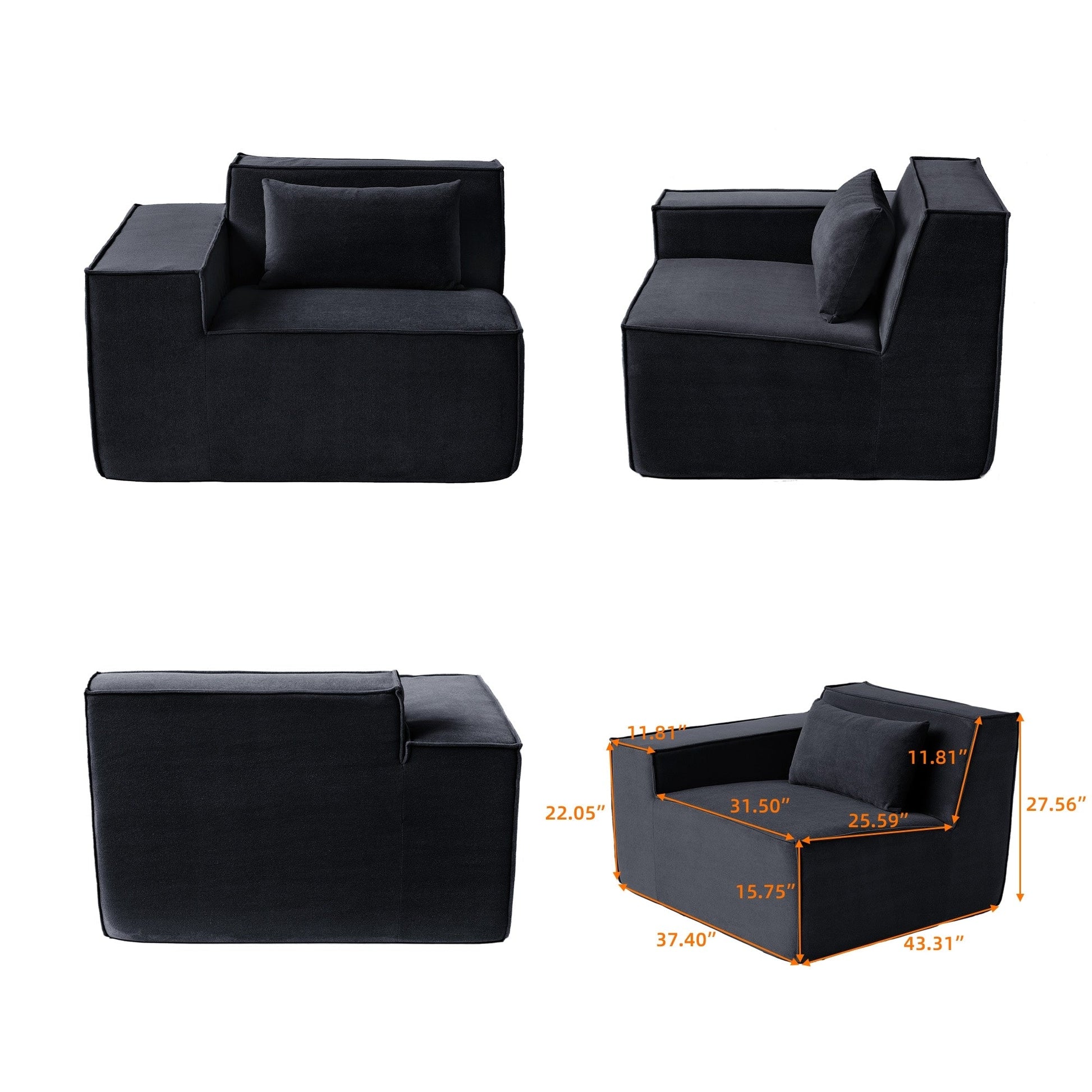 Canapé d'angle modulaire 118 avec housse amovible en tissu et 3 coussins, canapé confortable en tissu cordouroy à 3 places.