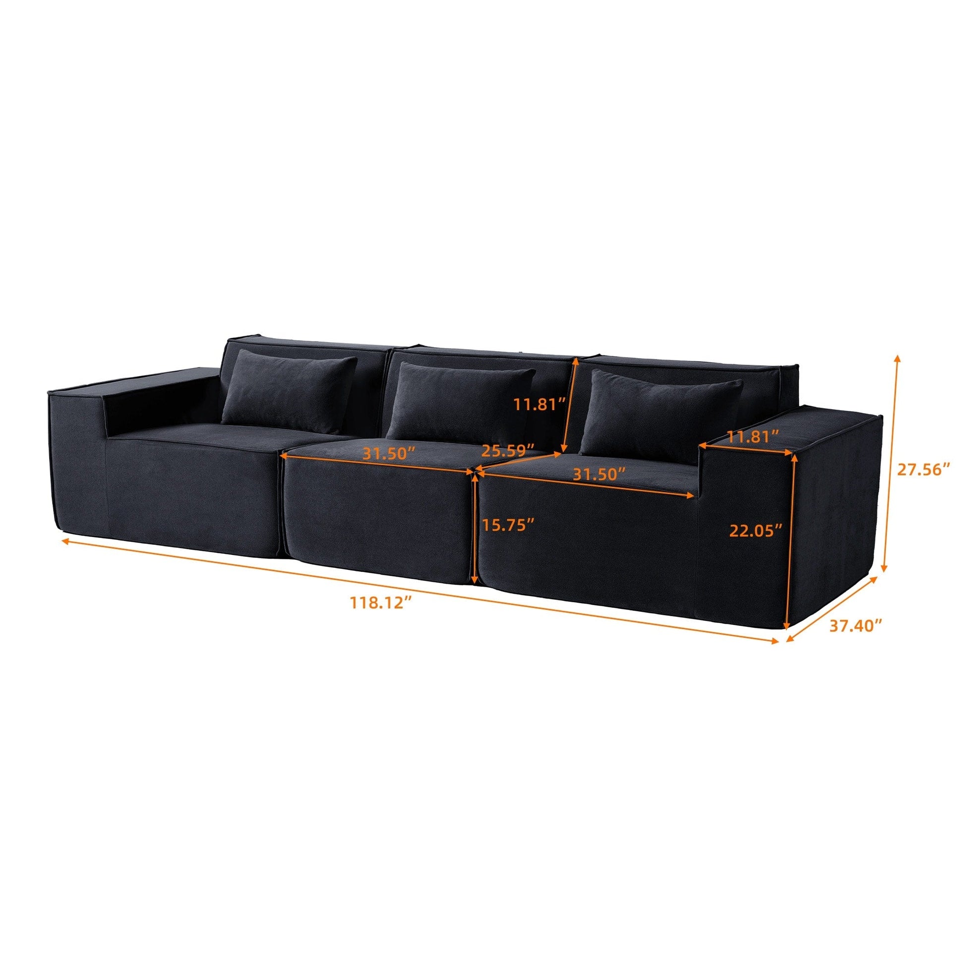 Canapé d'angle modulaire 118 avec housse amovible en tissu et 3 coussins, canapé confortable en tissu cordouroy à 3 places.