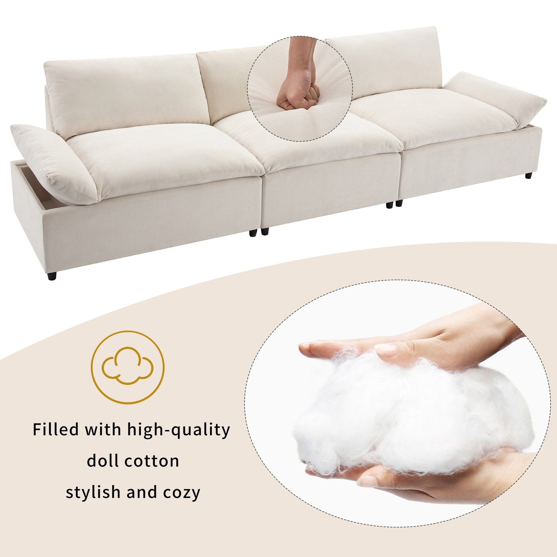 Grand canapé 3 places en polyester (119,5 cm) avec 2 rangements et pieds en bois de caoutchouc pour salon