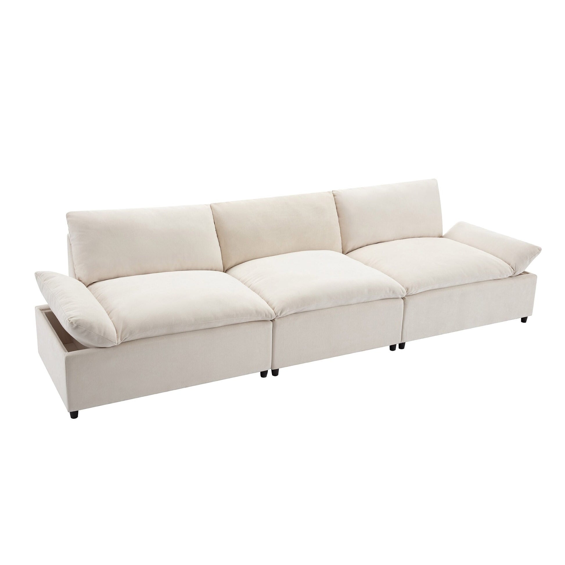 Grand canapé 3 places en polyester (119,5 cm) avec 2 rangements et pieds en bois de caoutchouc pour salon