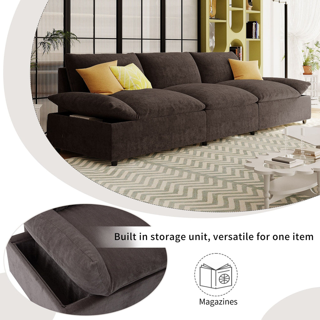 Grand canapé 3 places en polyester (119,5 cm) avec 2 rangements et pieds en bois de caoutchouc pour salon