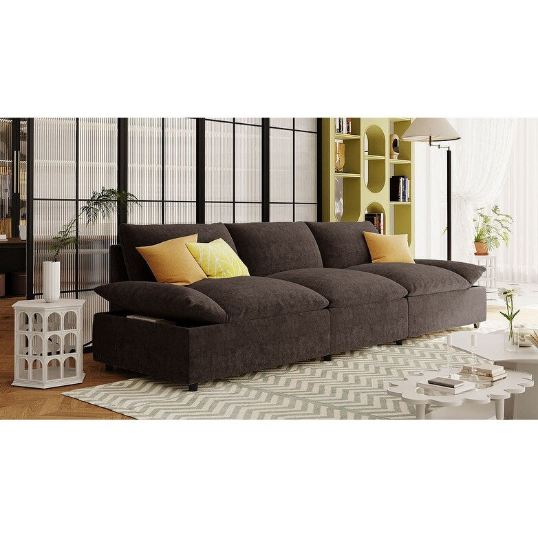 Grand canapé 3 places en polyester (119,5 cm) avec 2 rangements et pieds en bois de caoutchouc pour salon