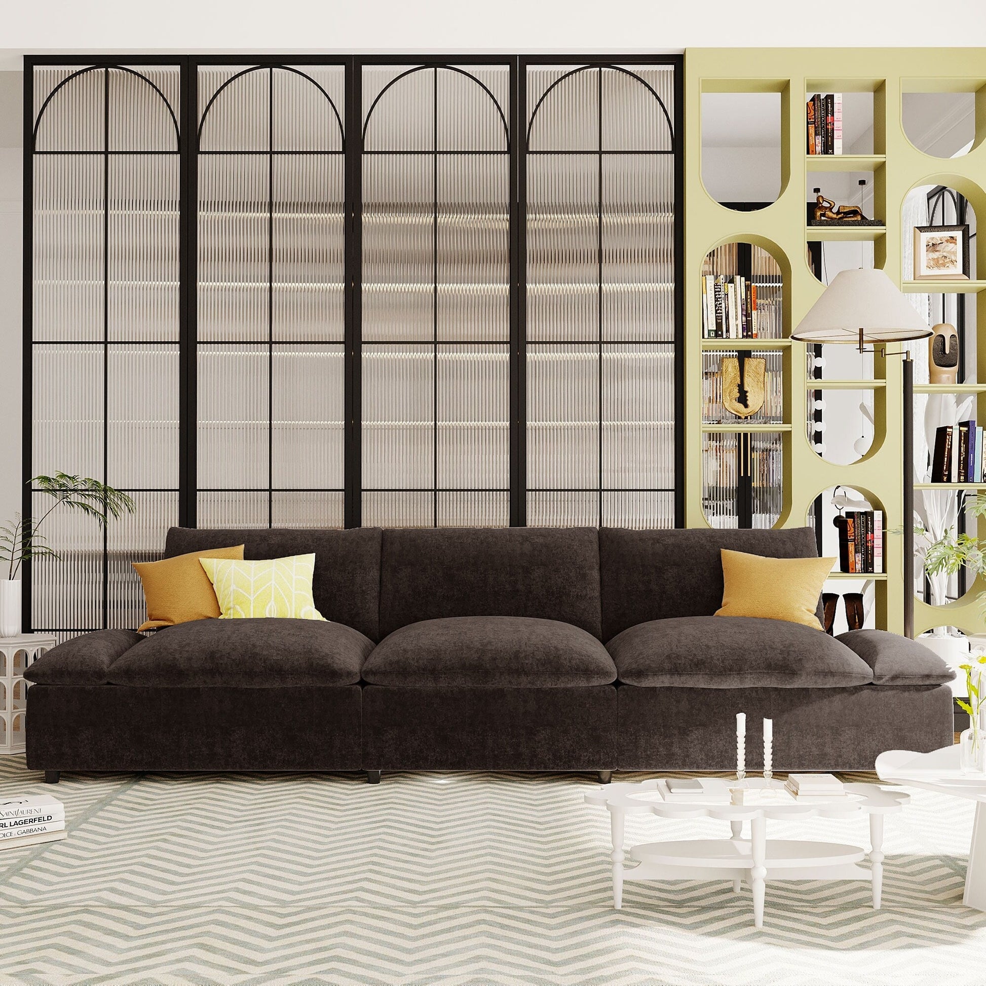 Grand canapé 3 places en polyester (119,5 cm) avec 2 rangements et pieds en bois de caoutchouc pour salon