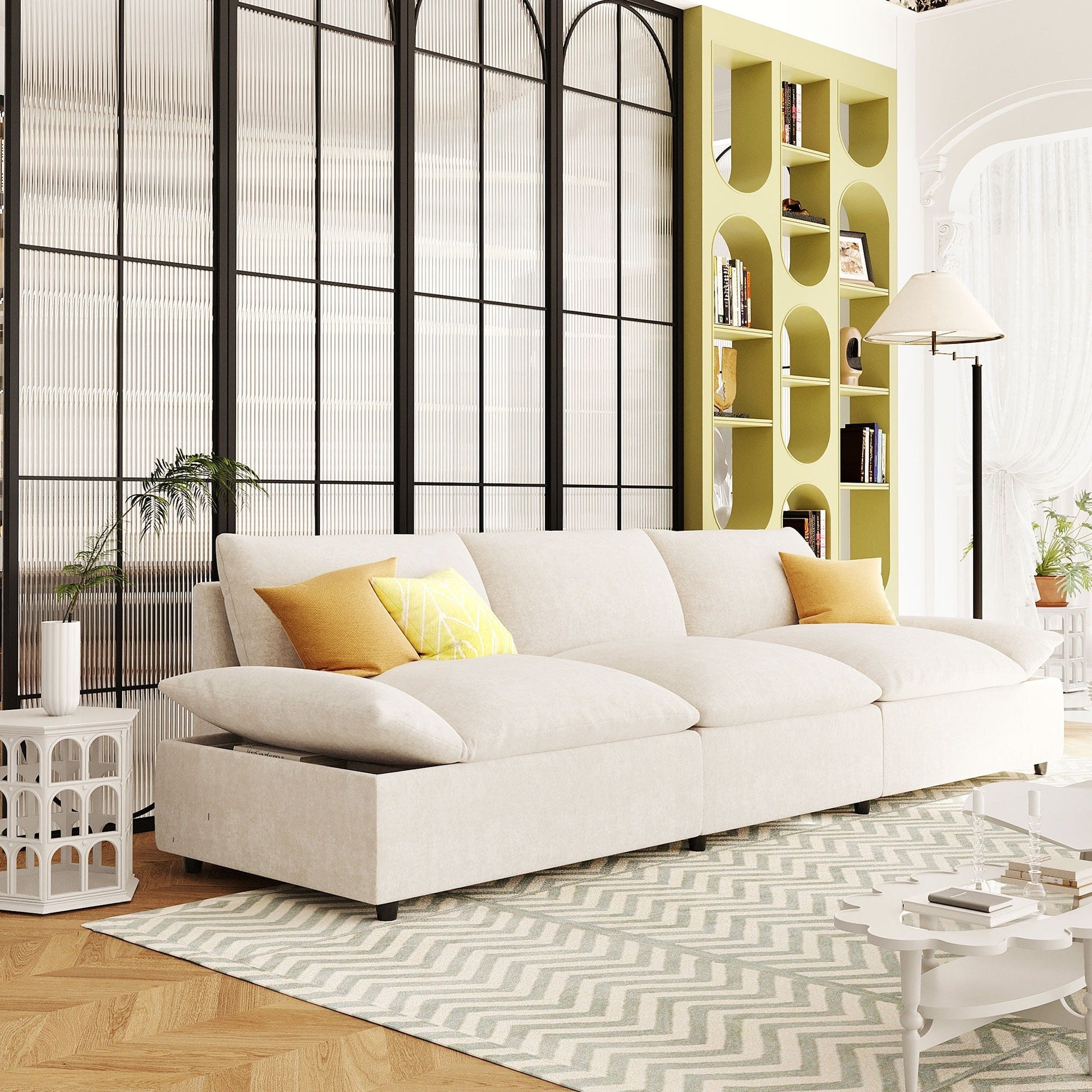 Grand canapé 3 places en polyester (119,5 cm) avec 2 rangements et pieds en bois de caoutchouc pour salon