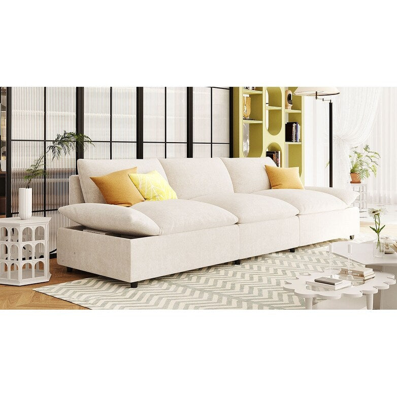 Grand canapé 3 places en polyester (119,5 cm) avec 2 rangements et pieds en bois de caoutchouc pour salon