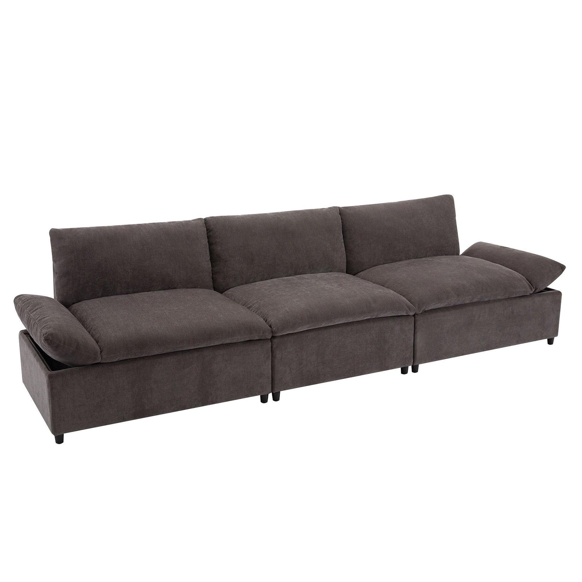 Grand canapé 3 places en polyester (119,5 cm) avec 2 rangements et pieds en bois de caoutchouc pour salon