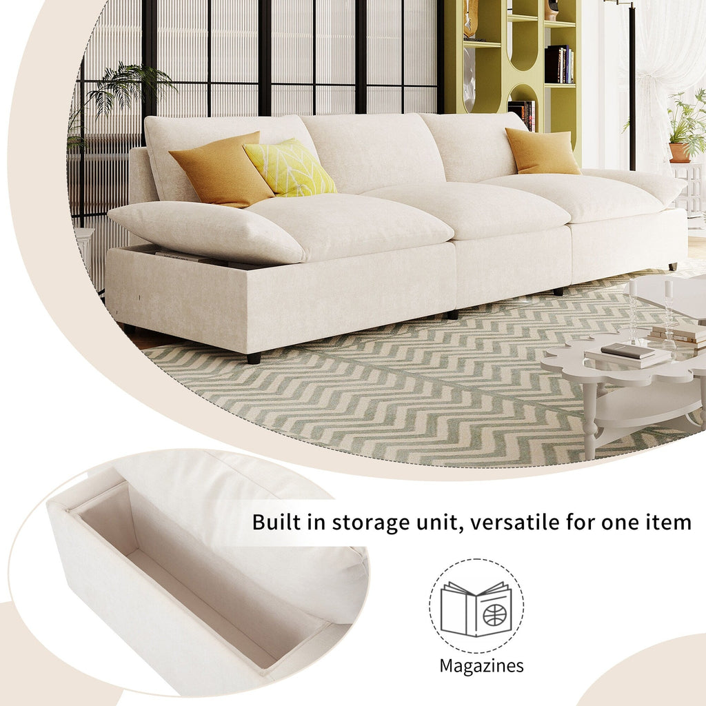 Grand canapé 3 places en polyester (119,5 cm) avec 2 rangements et pieds en bois de caoutchouc pour salon