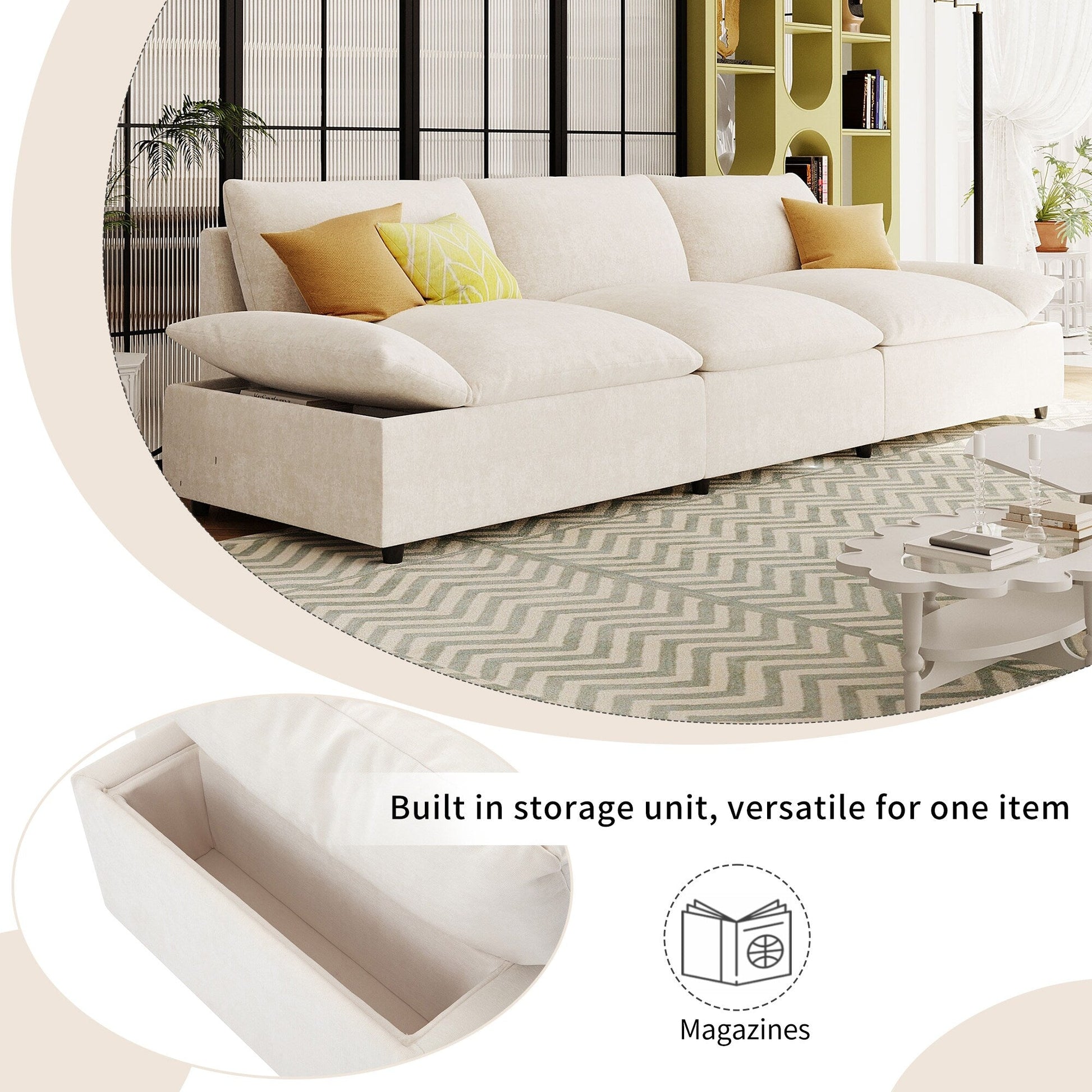 Grand canapé 3 places en polyester (119,5 cm) avec 2 rangements et pieds en bois de caoutchouc pour salon
