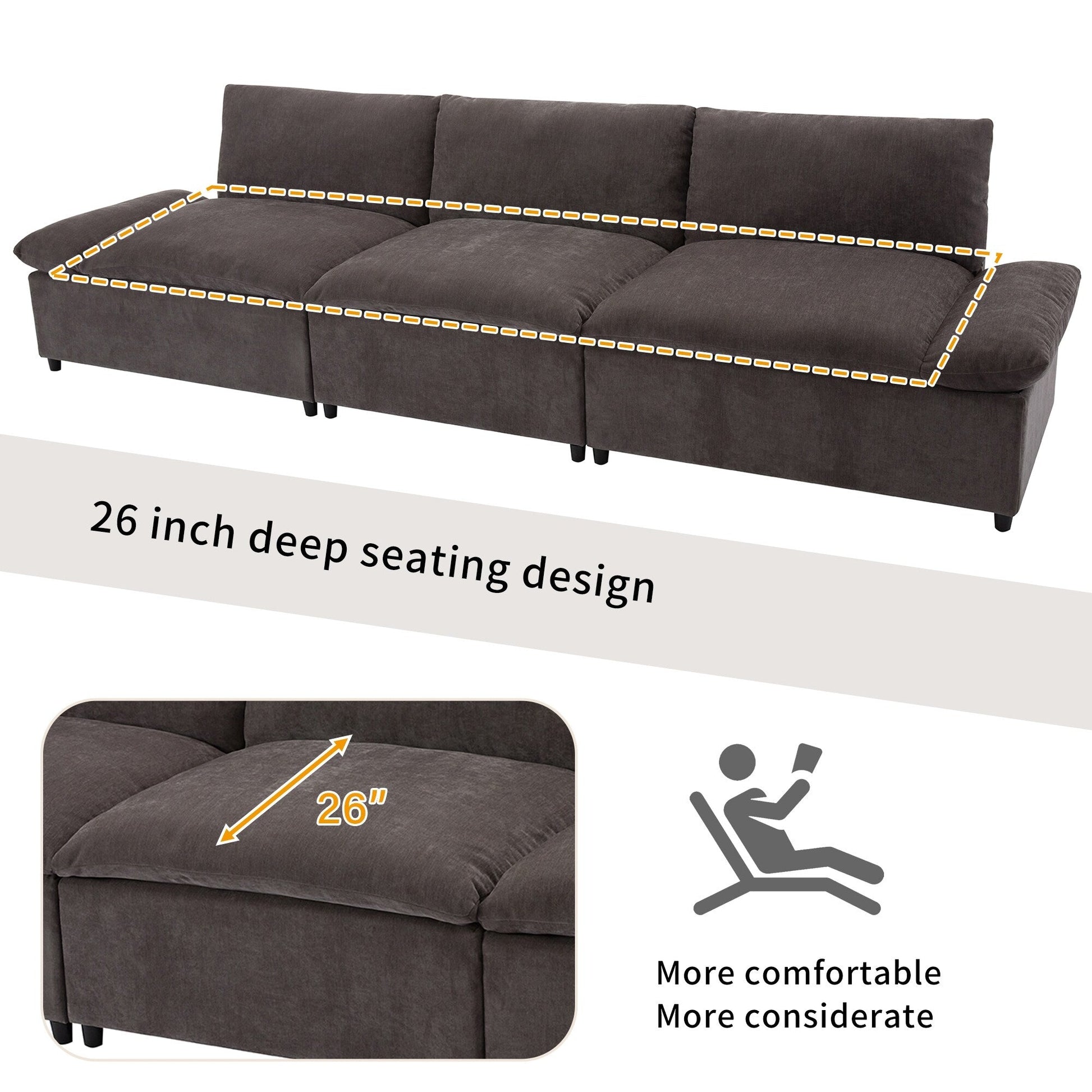 Grand canapé 3 places en polyester (119,5 cm) avec 2 rangements et pieds en bois de caoutchouc pour salon