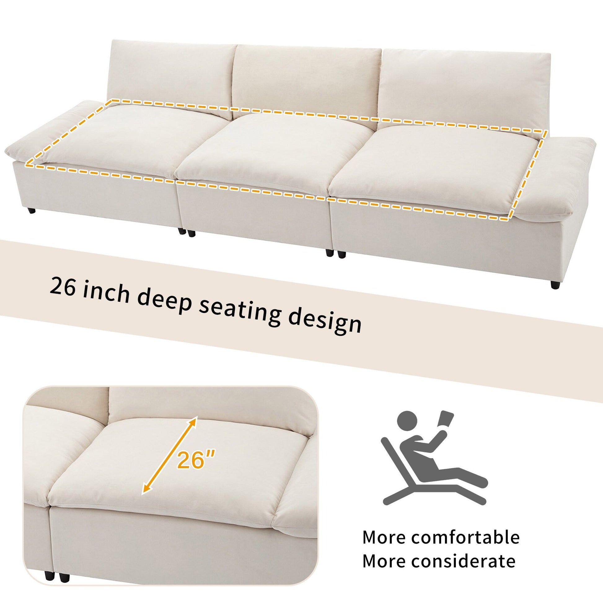 Grand canapé 3 places en polyester (119,5 cm) avec 2 rangements et pieds en bois de caoutchouc pour salon